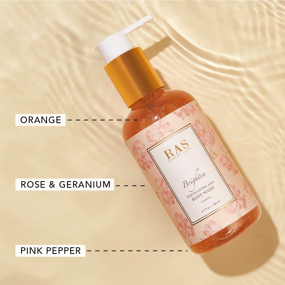 RAS Luxury Oils Brightening Exfoliating Body Wash - Sulfate Free, Himalayan Rose & Pink Pepper Scent, AHA Formula for Glowing Skin - Gentle Exfoliation for Men & Women (200ml) | Perfect for Daily Shower Routine & Spa-Like Experience at Home