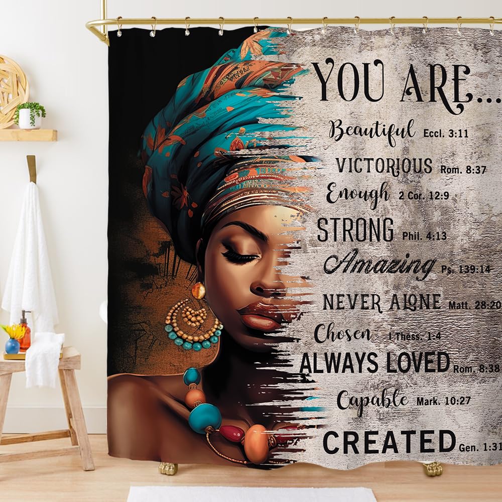 African American Inspirational Shower Curtain Set - 60x71 Inch Black Girl Bible Quotes, Waterproof Polyester Bathroom Decor with 12 Hooks - Perfect for Women's Home, Apartment & Dorm Room Decor