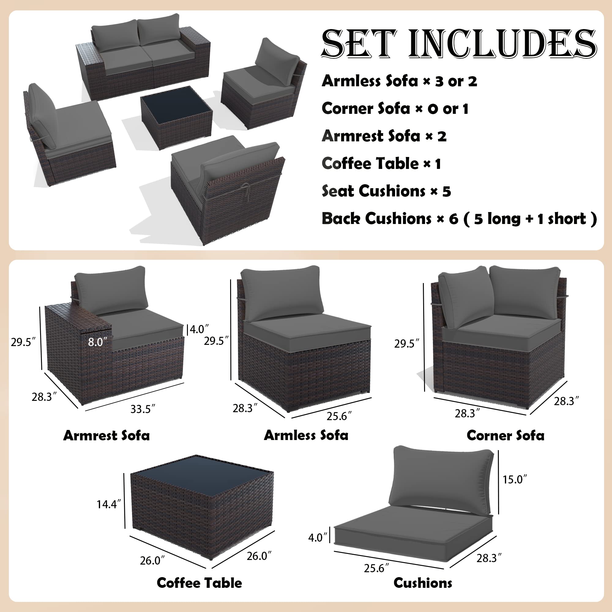 Gotland 6-Piece Patio Furniture Set - All-Weather PE Rattan Outdoor Sectional Sofa with Replaceable Grey Waterproof Cushions & Coffee Table - Perfect for Backyard, Garden, Poolside & Outdoor Relaxation