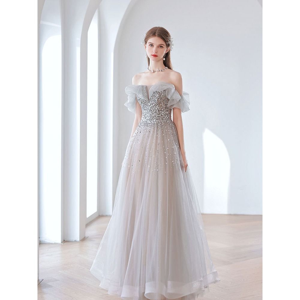Sparkly Gray Off Shoulder Sequins Long Prom Dress - Elegant Formal Evening Gown for Homecoming, Wedding Guest & Special Occasions