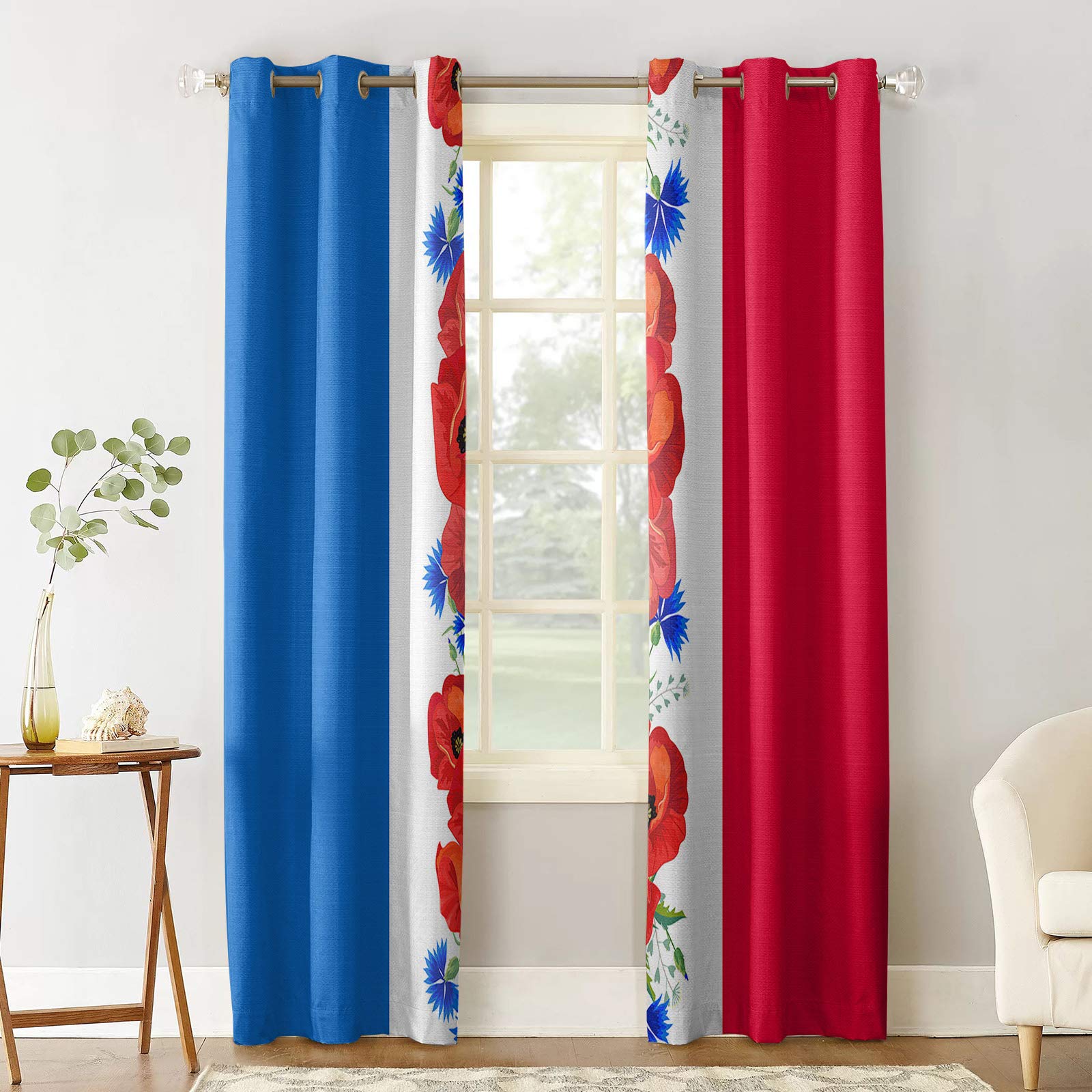 Blackout Curtains for Bedroom & Living Room - Thermal Insulated Room Darkening Grommet Window Curtains Set of 2 Panels - Red Blue Stripes with Poppies & Cornflowers Design - Perfect for Home Decor, Light Blocking & Temperature Control