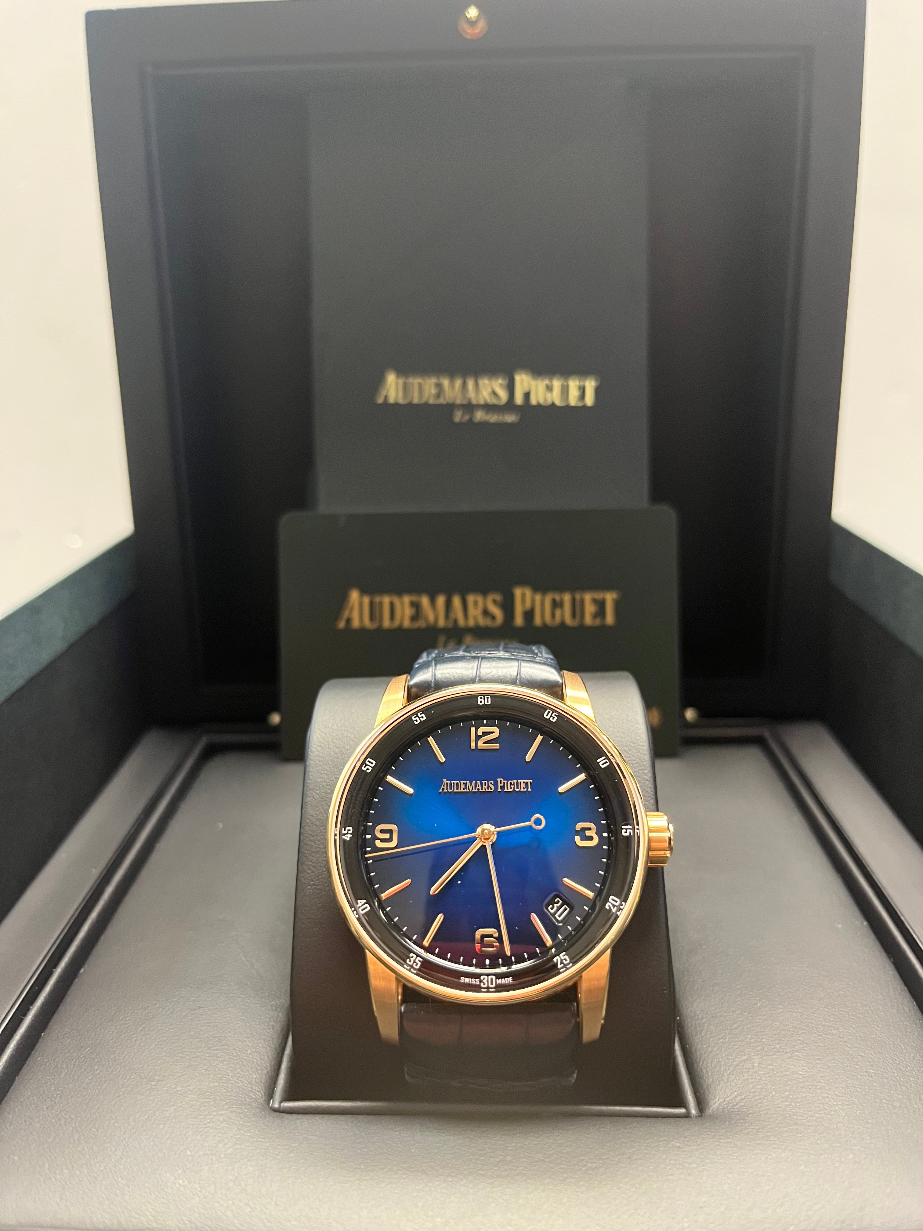 Audemars Piguet Code 11.59 Selfwinding Men's Watch - 18K Rose Gold Case, Blue Dial, Leather Strap (Ref# 15210OR.OO.A028CR.01) - Luxury Dress Watch for Business & Formal Occasions