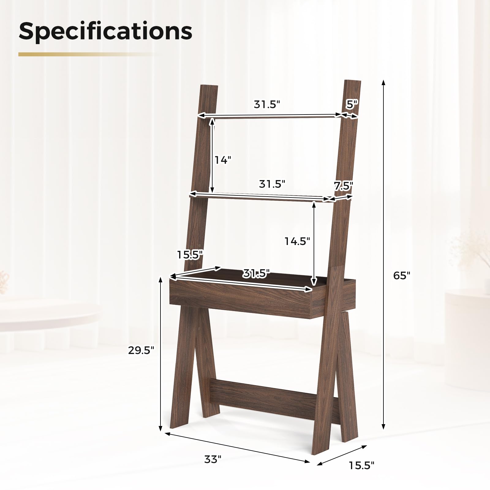 Tangkula Wall-Leaning Ladder Desk with Countertop & Drawer - Compact Home Office Computer Table with Open Shelves & Anti-Tip Kits - Space Saving Workstation for Small Rooms, Apartments & Dorm Rooms - Perfect for Remote Work, Study & Writing (Walnut)