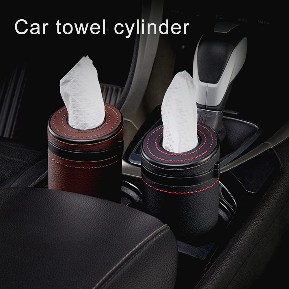 PU Leather Cylinder Tissue Box Holder - Portable Napkin Dispenser for Car Cup Holder, Office & Home - Brown Facial Tissue Tube Case | Perfect for Cars, Desks & Travel