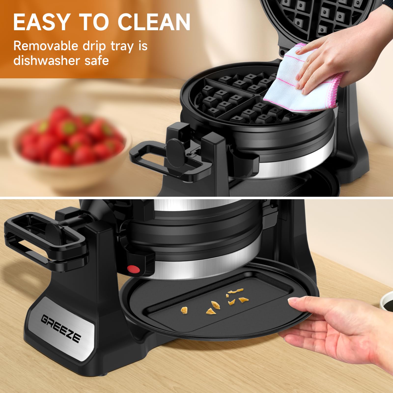 Double Belgian Waffle Maker 180° Flip - 1400W Stainless Steel Waffle Iron with Nonstick Plates & Removable Drip Tray - Makes 8 Slices - Perfect for Breakfast, Brunch, and Family Gatherings