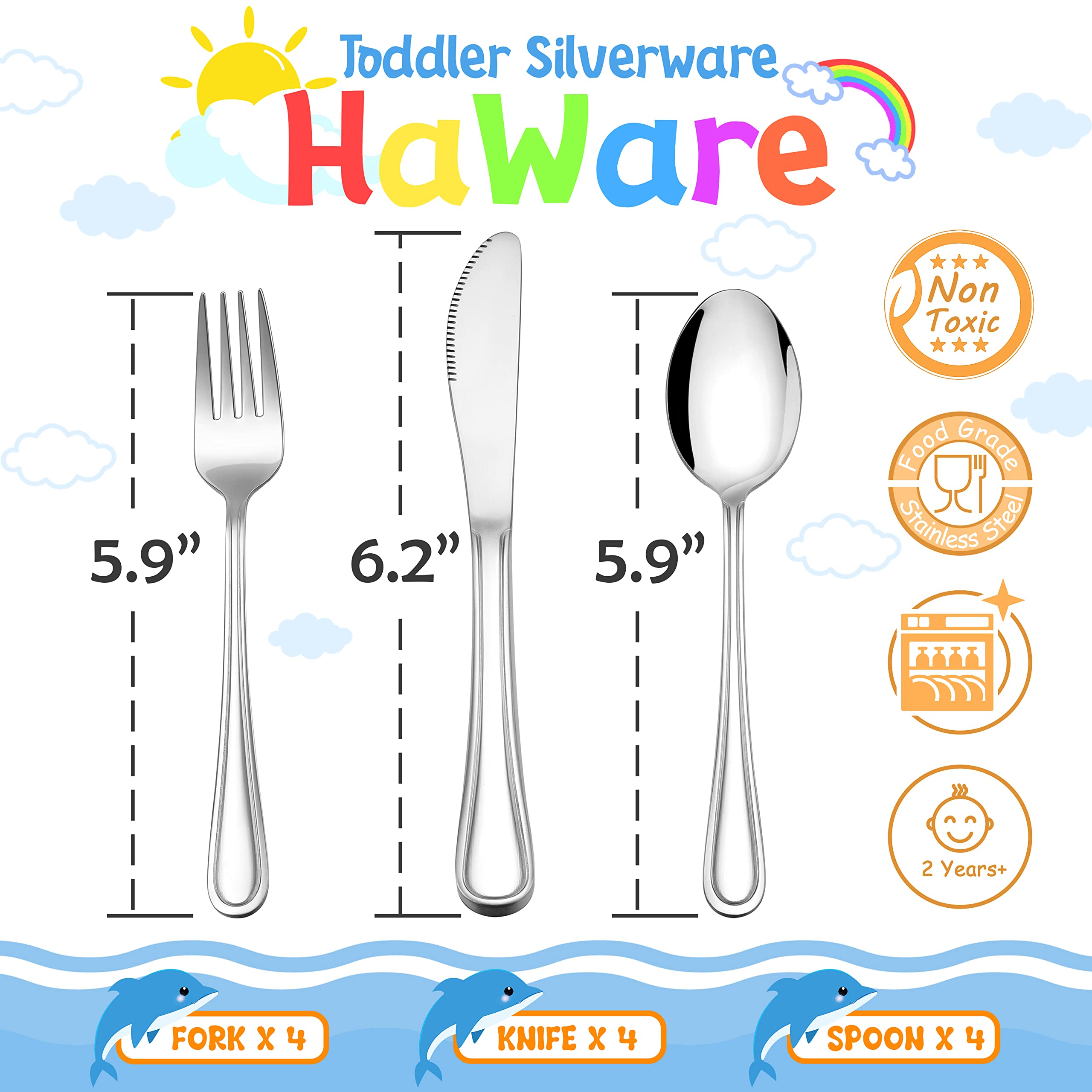 HaWare 12-Piece Stainless Steel Kids Silverware Set - Toddler Utensils with 4 Spoons, 4 Forks & 4 Knives - Durable Preschooler Flatware for Home, School & Travel - Mirror Finished Safe Cutlery for Children's Meals, Snacks & Parties