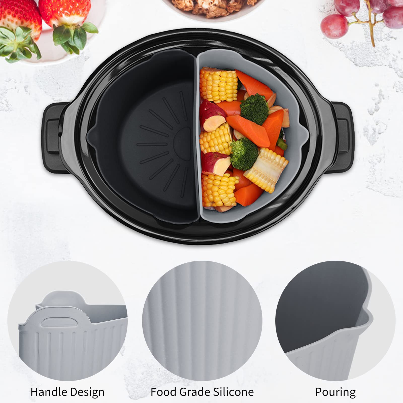 Darbermu 6-7QT Silicone Slow Cooker Liners - 2 Pack Reusable Crockpot Divider Inserts for Easy Cooking & Cleaning | Perfect for Meal Prep, Soups, Stews & Family Dinners | Black & Grey Kitchen Accessories (117)