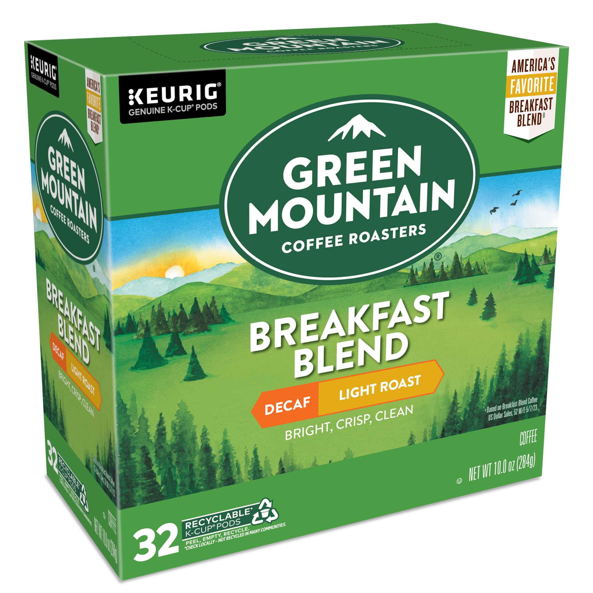 Green Mountain Coffee Roasters Decaf Breakfast Blend K-Cup Pods - Light Roast Single-Serve Coffee for Keurig Brewers (32 Count) | Perfect for Morning Routines & Office Coffee Breaks