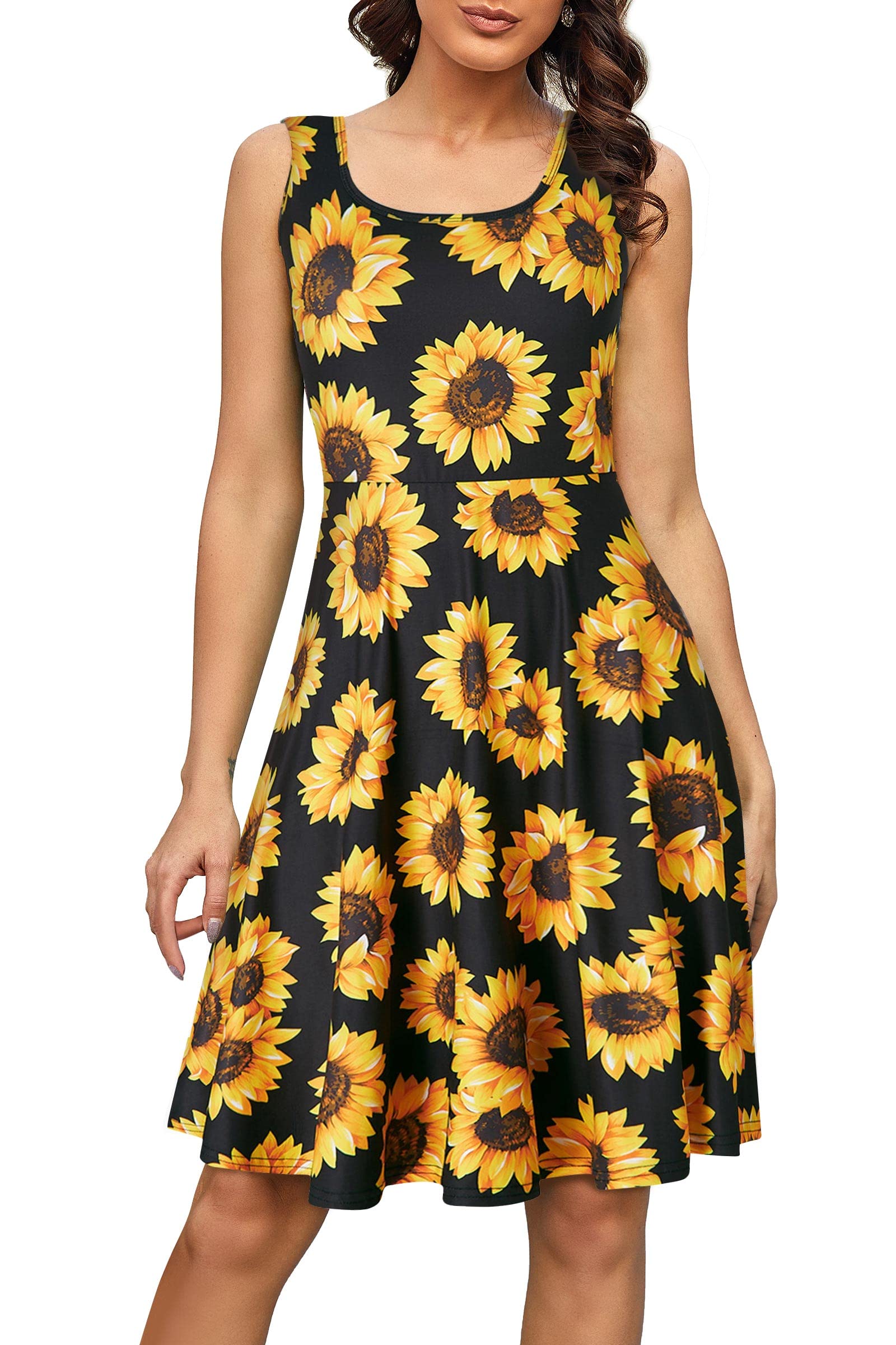 Fanient Women's Sleeveless Casual Floral Print Scoop Neck A-Line Midi Sundress - Perfect for Summer Beach Vacations, Brunch Dates & Outdoor Parties
