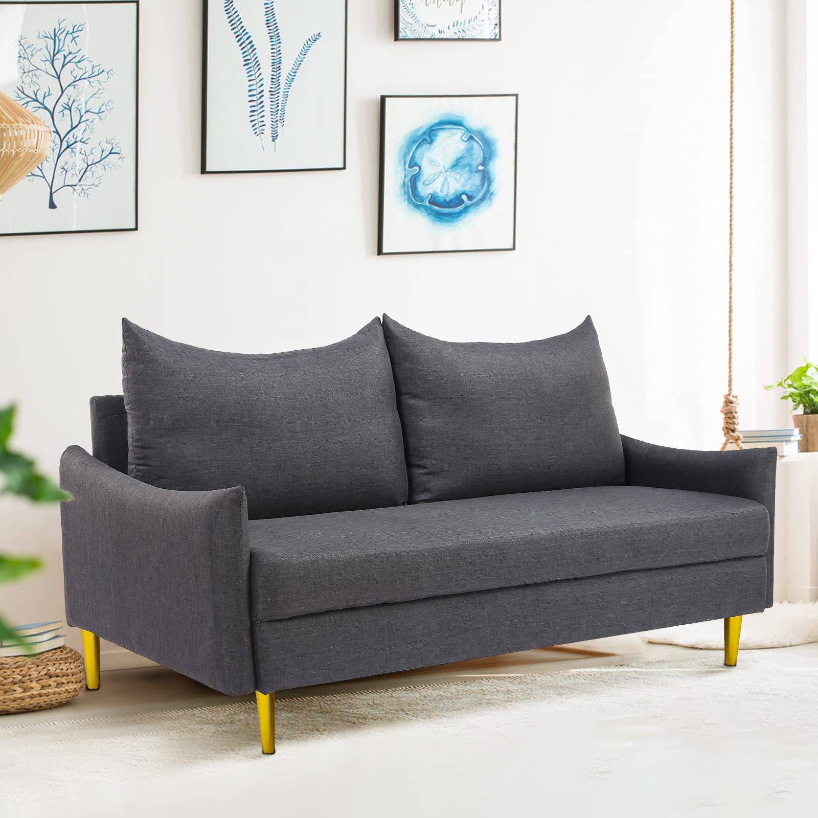Modern Loveseat Couch with 2 Pillows - Twin Size Sofa with Removable Cushion - Comfortable Small Couch for Living Room, Office, Apartment & Bedroom - Dark Grey - Perfect for Small Spaces, Reading Nook or Guest Seating