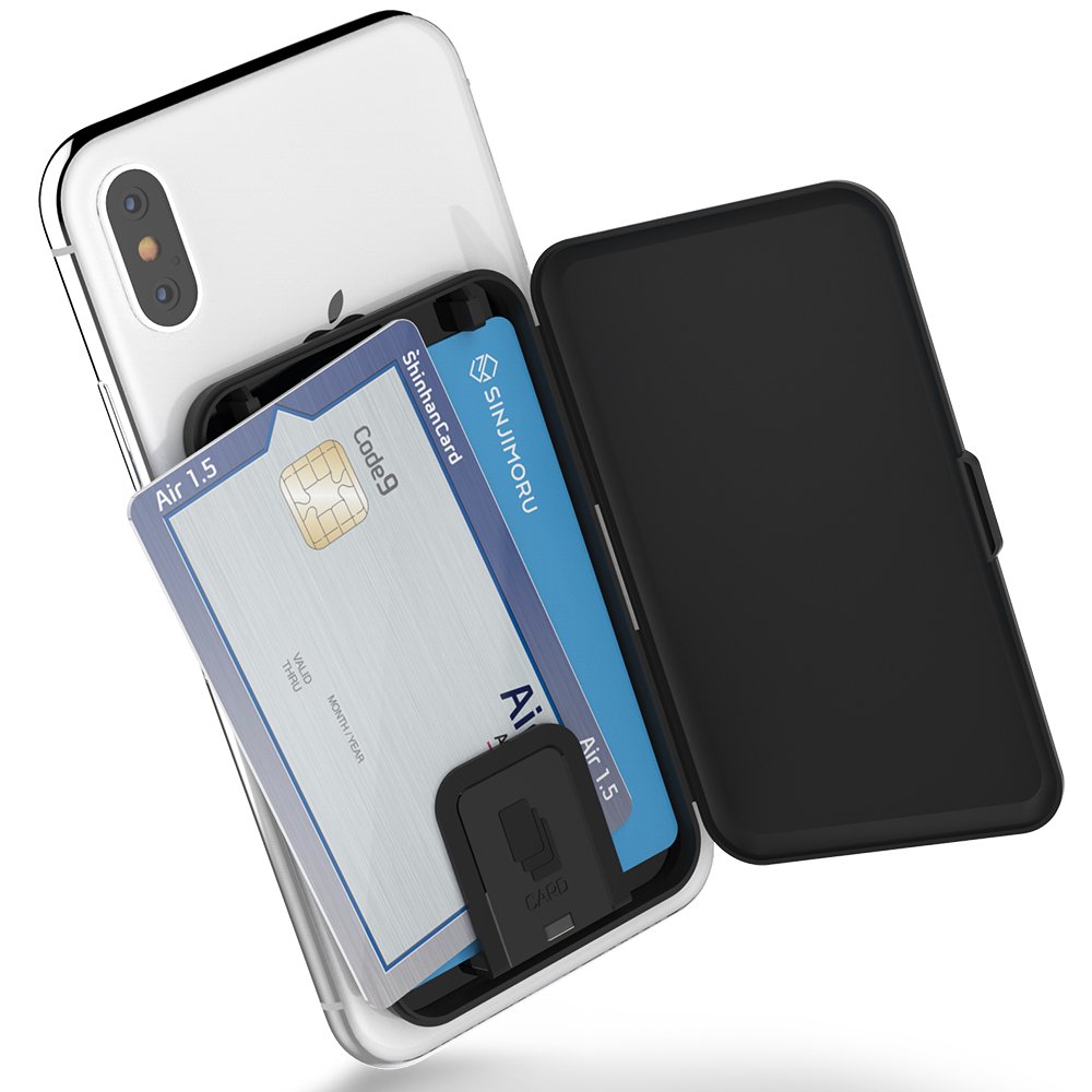 Sinjimoru Stick-on Phone Card Holder - Slim Wallet Case for Credit Cards & Cash Storage (Holds up to 3 Cards) - Secure Adhesive Back Phone Mount - Perfect for Travel, Shopping & Everyday Use - Zip Black