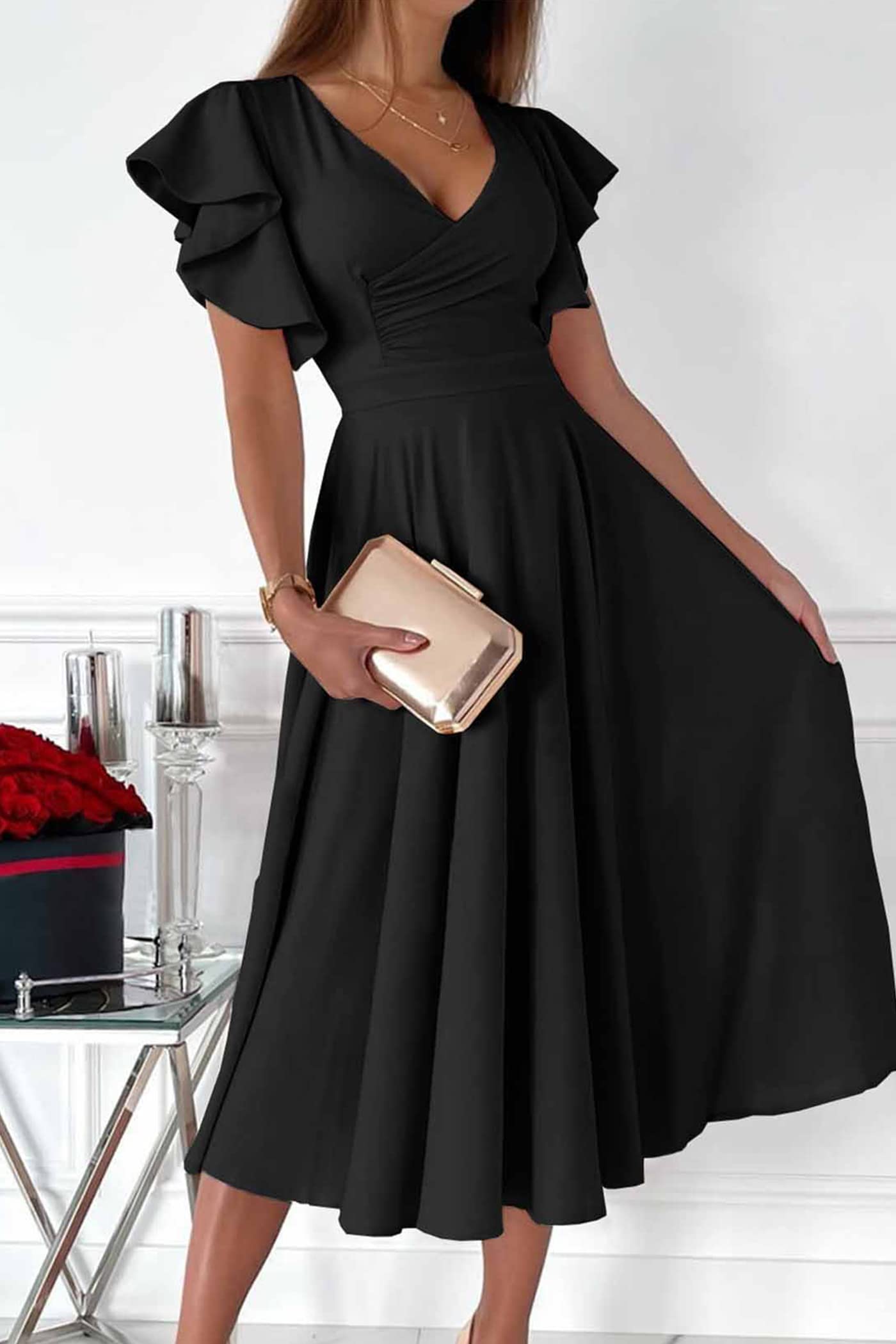 PRETTYGARDEN Women's Summer Midi Dress 2025 - Ruffle Sleeve V-Neck A-Line Cocktail Dress for Wedding Guest, Party, Date Night & Special Occasions