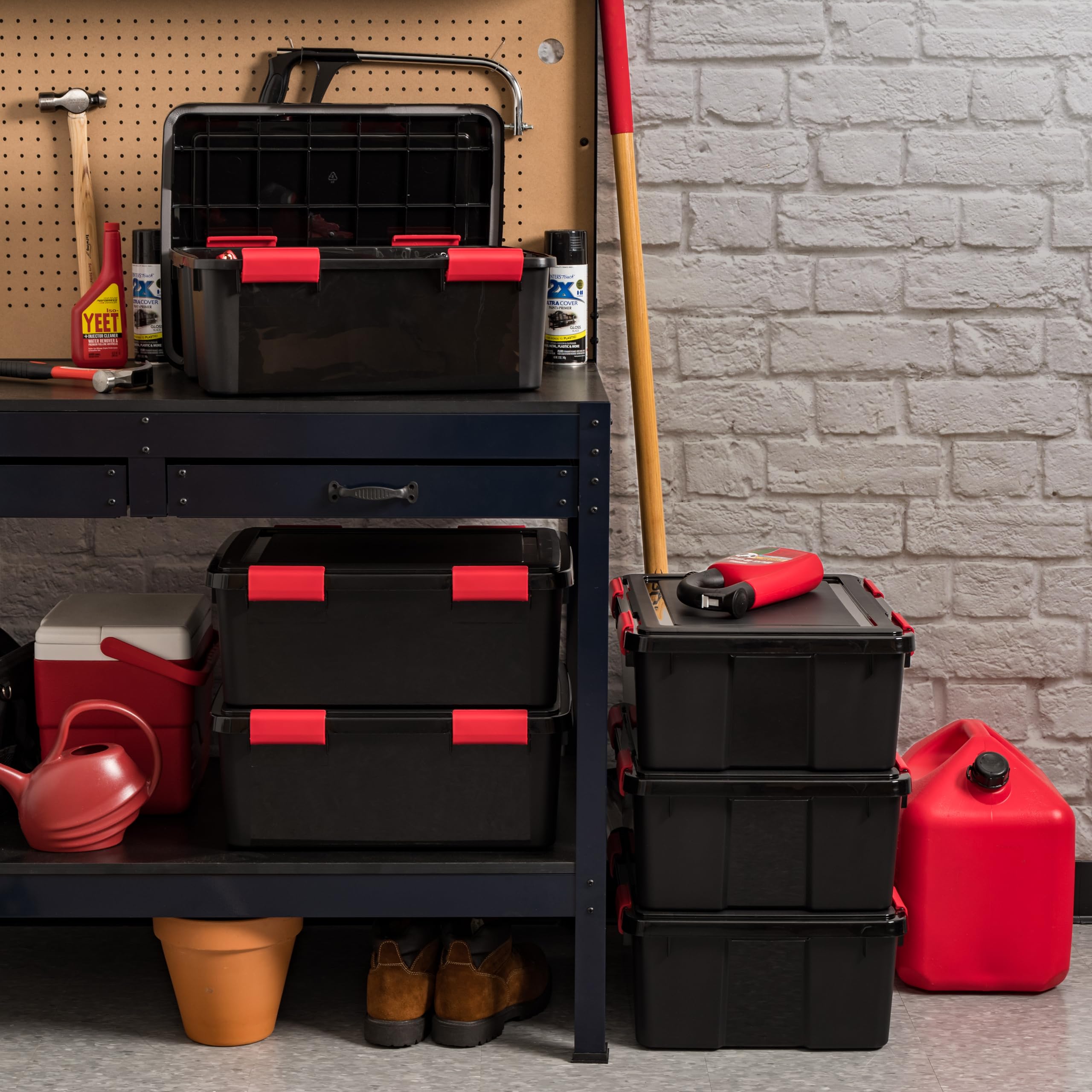IRIS USA WeatherPro 31 Qt Storage Bins with Lids - 6 Pack BPA-Free Plastic Gasket Box with Tight Latch Seal, Stackable Nestable Tote Tub for Home Organization (Black/Red) - Perfect for Pantry, Garage, Closet & Office Storage
