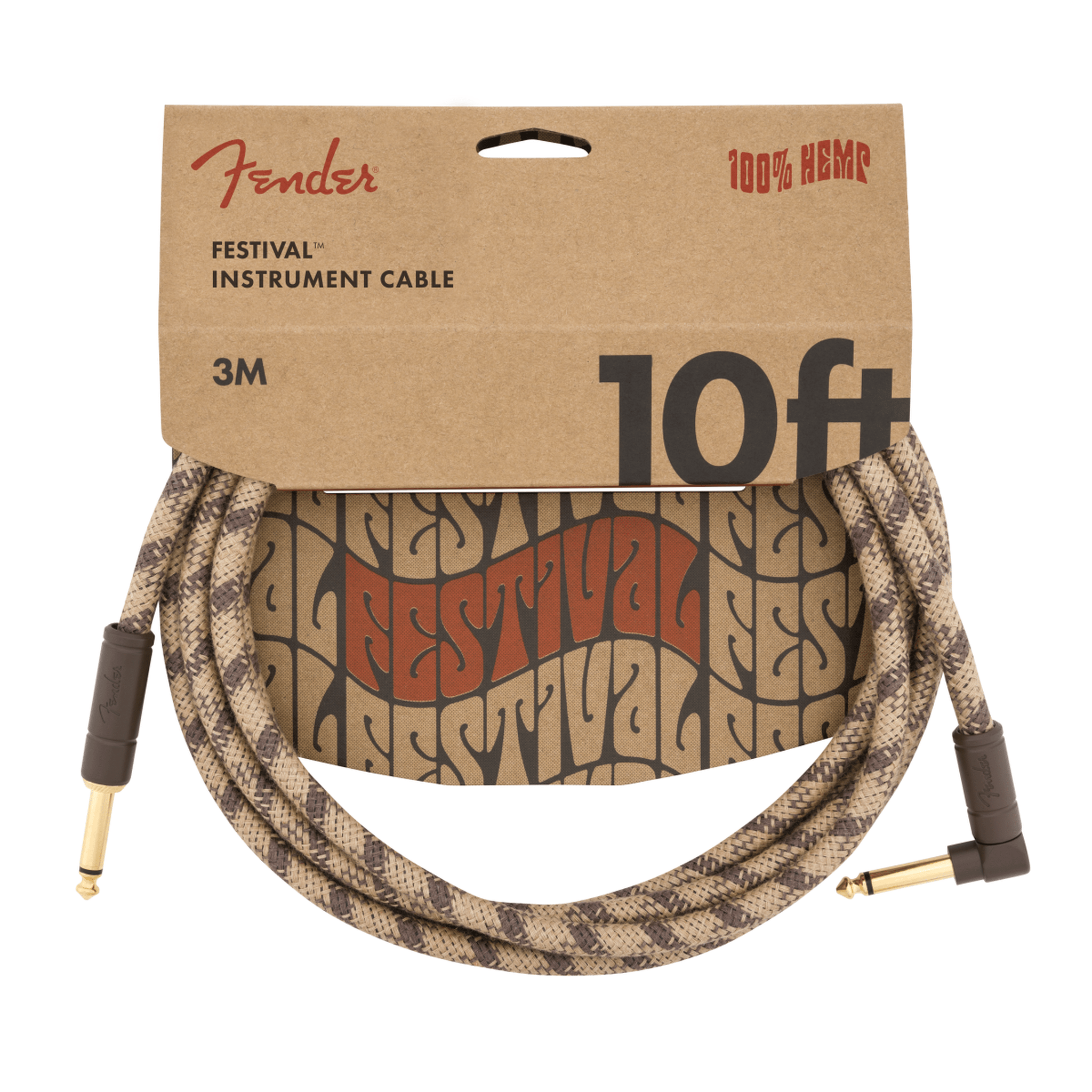 Fender Festival Hemp Right Angle Instrument Cable 10ft - Premium Brown Stripe Guitar Cable for Live Performances & Studio Recording