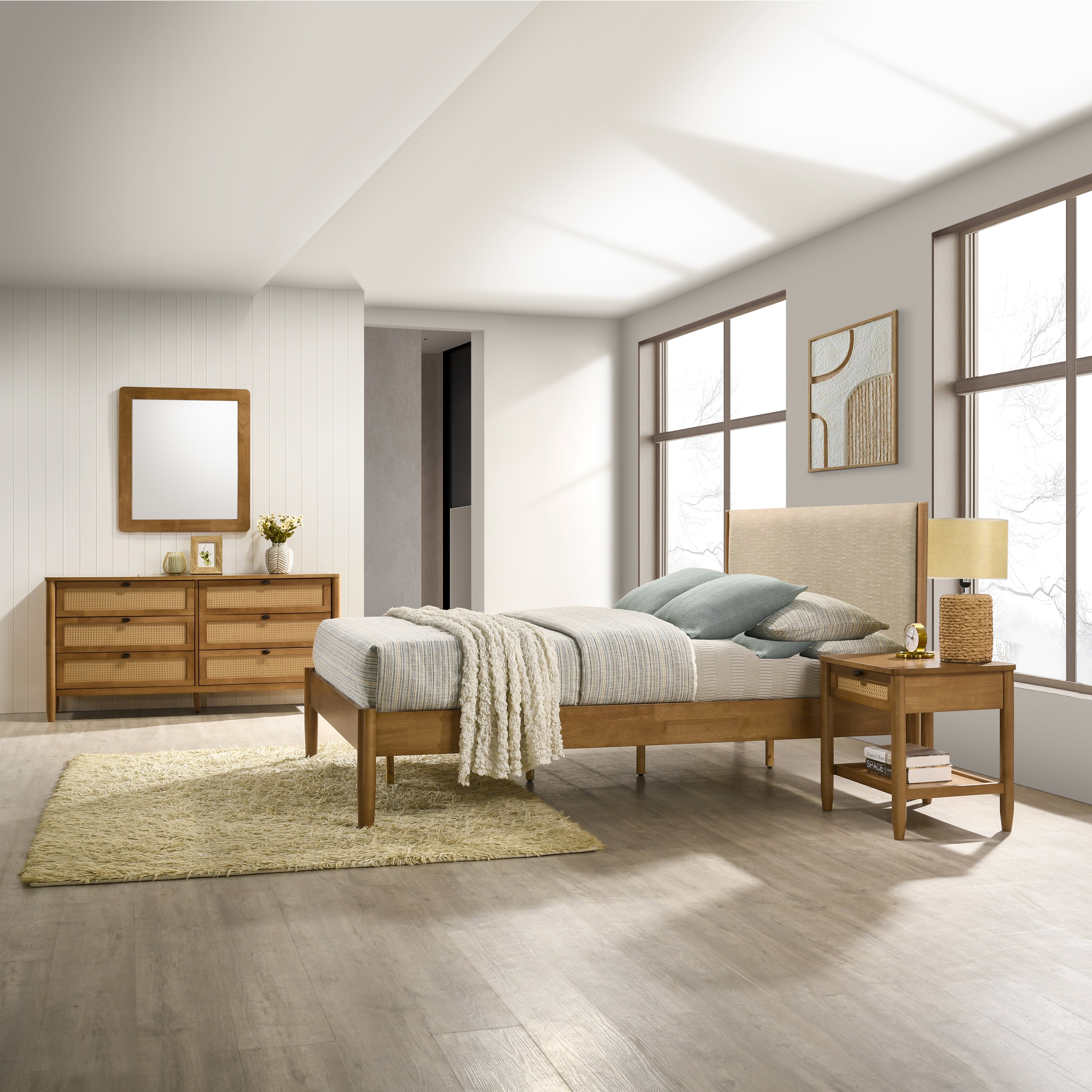 Roundhill Furniture Vichy Rattan Bedroom Set - Queen Size Light Walnut Finish Wicker Bed Frame & Nightstands - Perfect for Coastal, Boho & Farmhouse Style Bedrooms