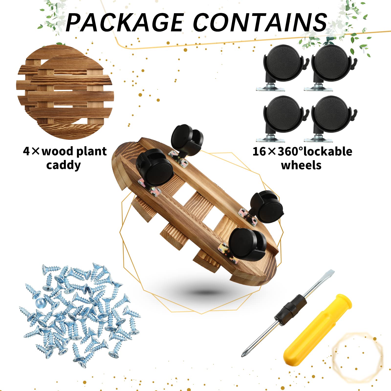 4-Piece Heavy Duty Wooden Plant Caddy with Wheels - Lockable Rolling Plant Stand for Indoor, Outdoor, Patio Use - 12 Inch Round Plant Dolly for Large Potted Plants - Perfect for Moving Heavy Planters in Gardens, Balconies & Greenhouses