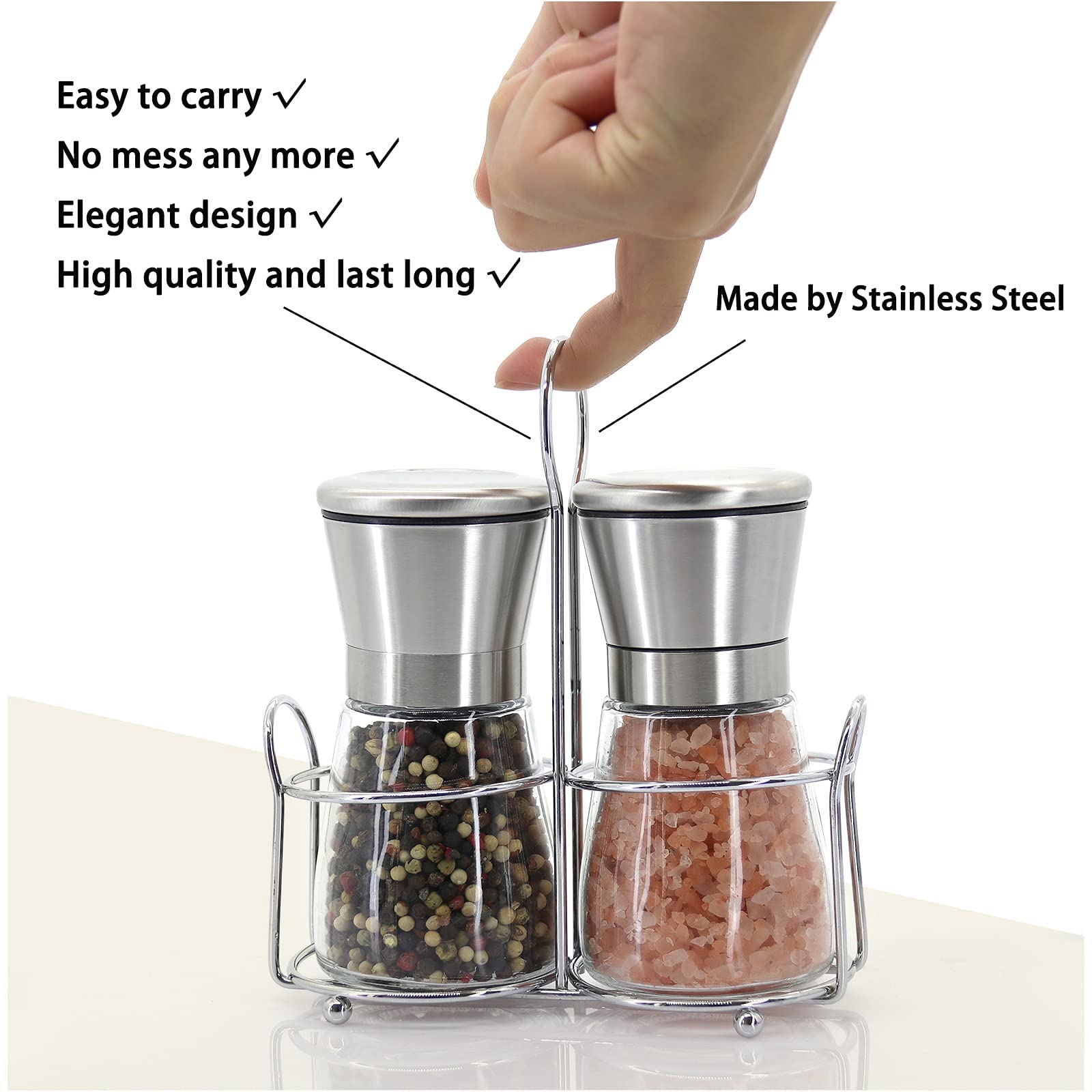 Premium Stainless Steel Salt and Pepper Grinder Set - Adjustable Coarseness, Refillable Glass Shakers for Himalayan Salt & Black Peppercorns with Bonus Stand - Perfect for Kitchen, Dining Table & Gourmet Cooking