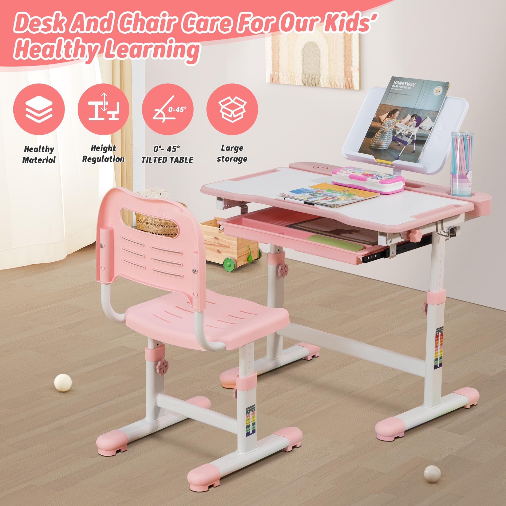 Adjustable Height Kids Desk and Chair Set with Storage - Multifunctional Study Desk for Boys & Girls, Tilt Desktop for Reading, Writing & Drawing - Perfect for Homeschooling & Online Learning (Pink)