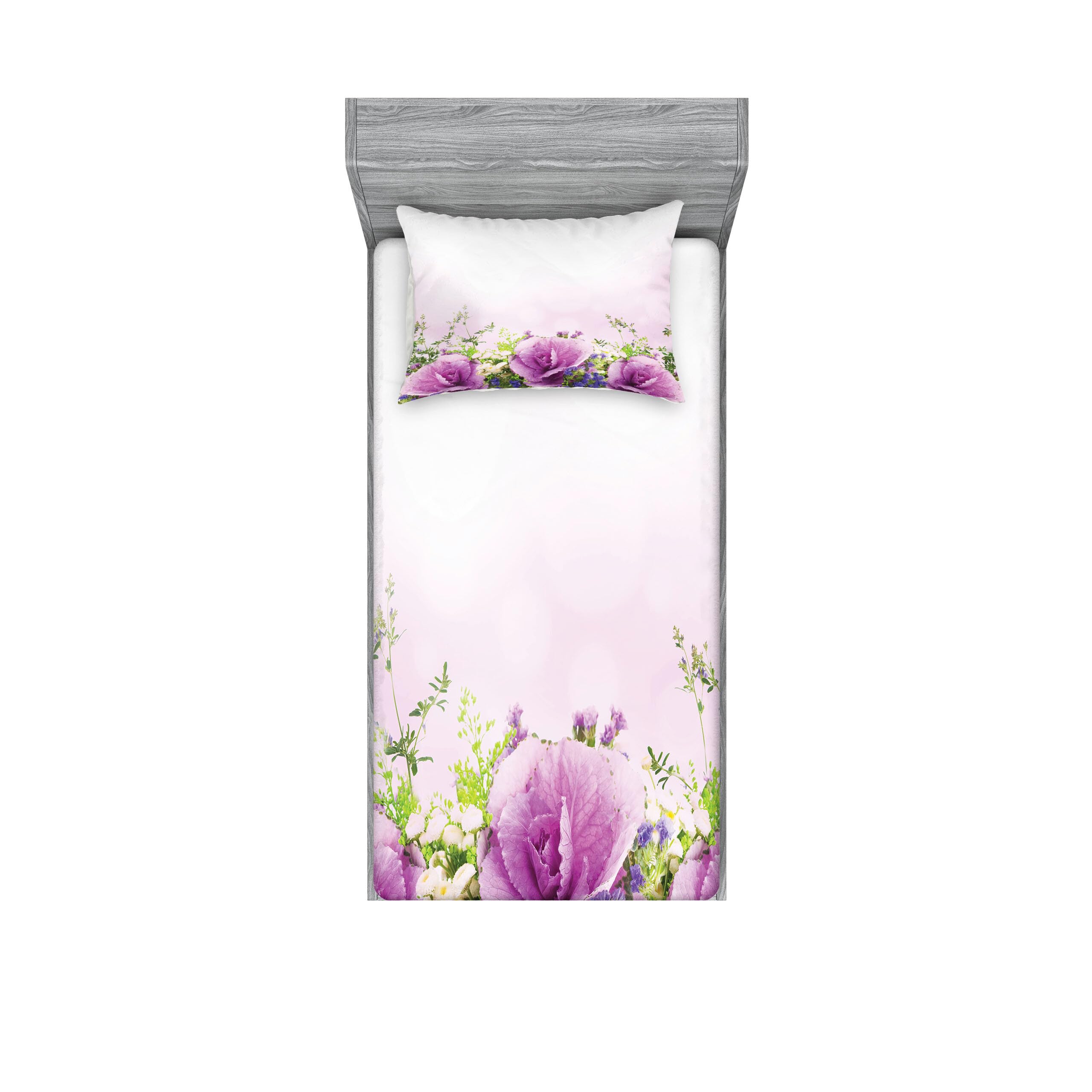 Ambesonne Floral Fitted Sheet & Pillow Sham Set - Spring Cabbage Flower Bouquet Design in Lavender Green, 2-Piece Twin XL Bedding Set for Guest Room & Spring Decor