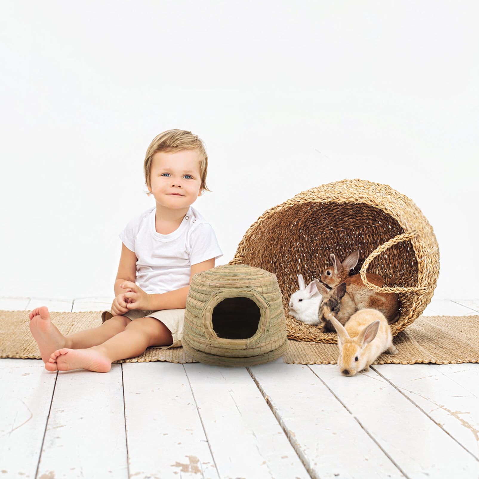 POPETPOP Natural Woven Grass Rabbit House - Cozy Hideout for Bunnies, Guinea Pigs, Chinchillas & Hamsters (9.82