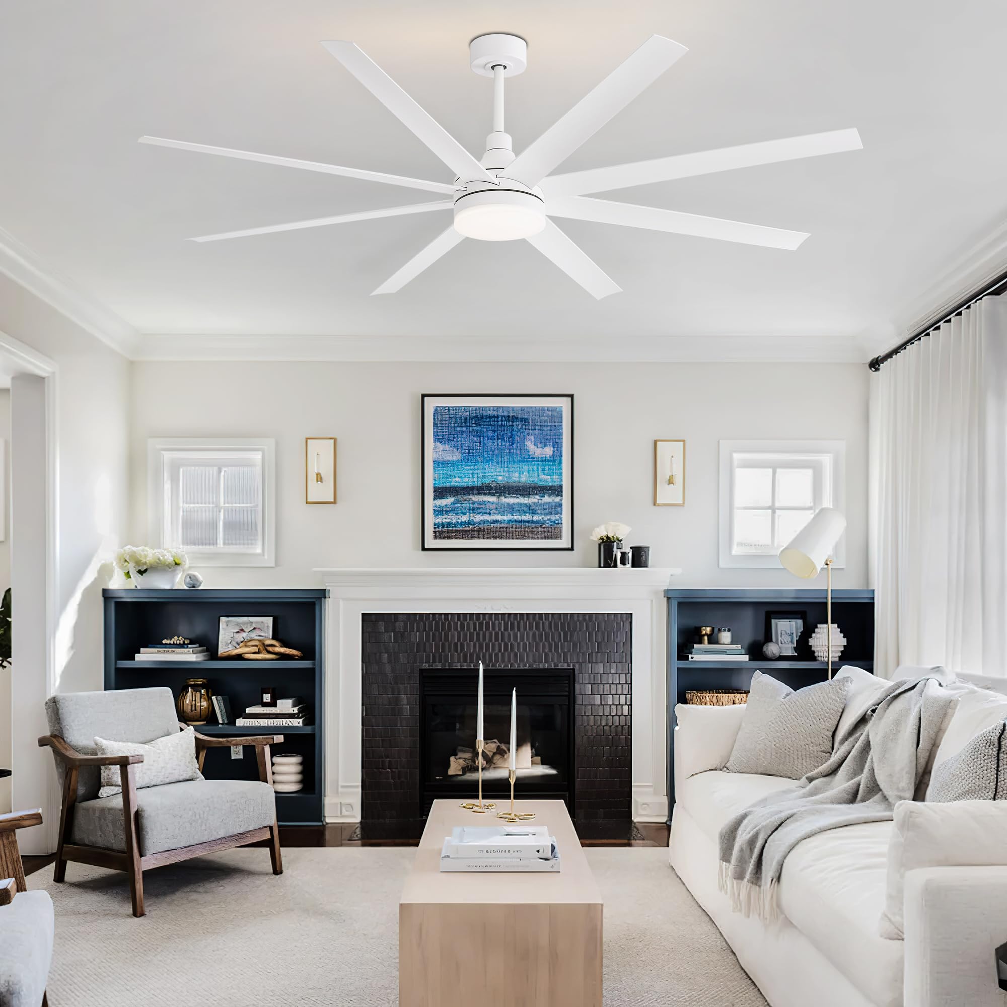 72 Inch Smart Ceiling Fan with LED Light and Remote Control - 8 Reversible Blades, Ultra Quiet DC Motor, 6 Speed Settings & Timer - Modern Industrial Style for Bedroom, Living Room, Office - Energy Efficient Cooling with Stylish Chandelier Lighting (White)
