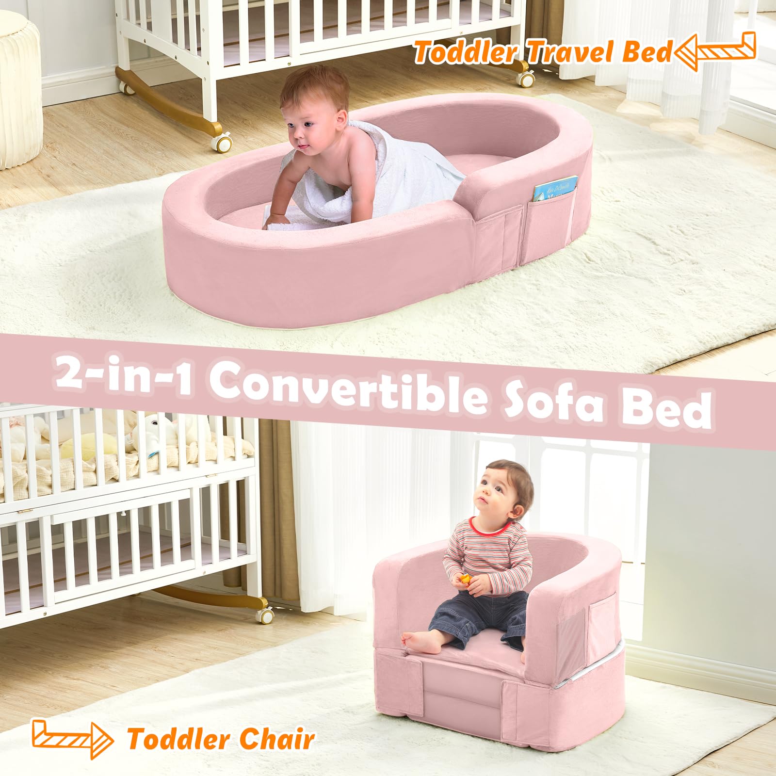 Portable Toddler Travel Bed - Foldable 2-in-1 Kids Sofa with Soft Foam & Washable Cover | Convertible Toddler Cot for Indoor & Outdoor Use | Perfect for Camping, Travel, Playdates & Sleepovers