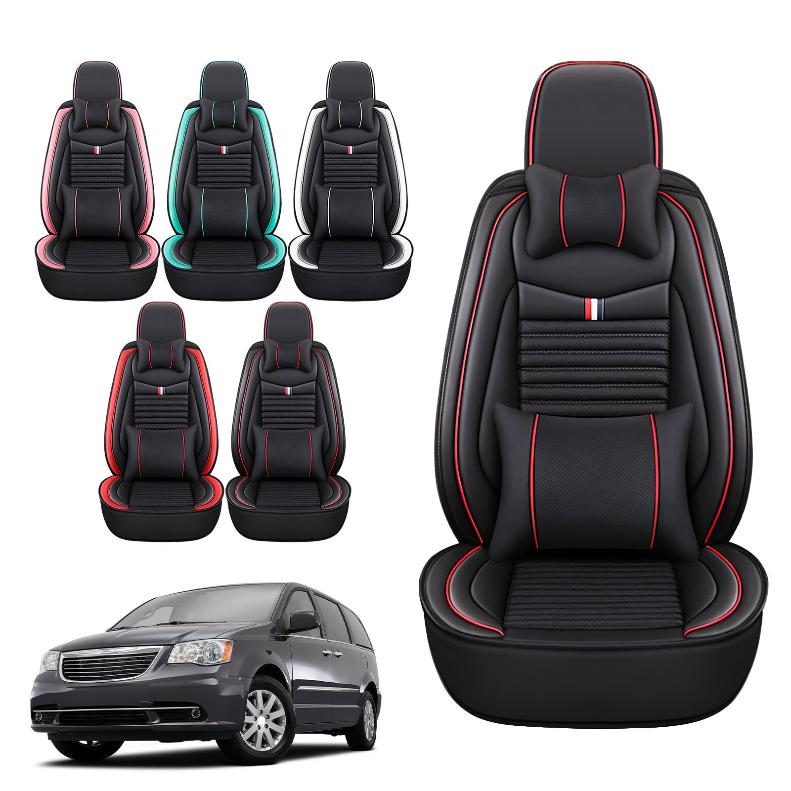 Premium Leather Car Seat Covers for Chrysler Town & Country 2000-2016 | Universal Anti-Slip Design Fits Most Cars, Sedans, SUVs & Trucks | Black Red Bars | Perfect for Daily Commute, Road Trips & Long Drives