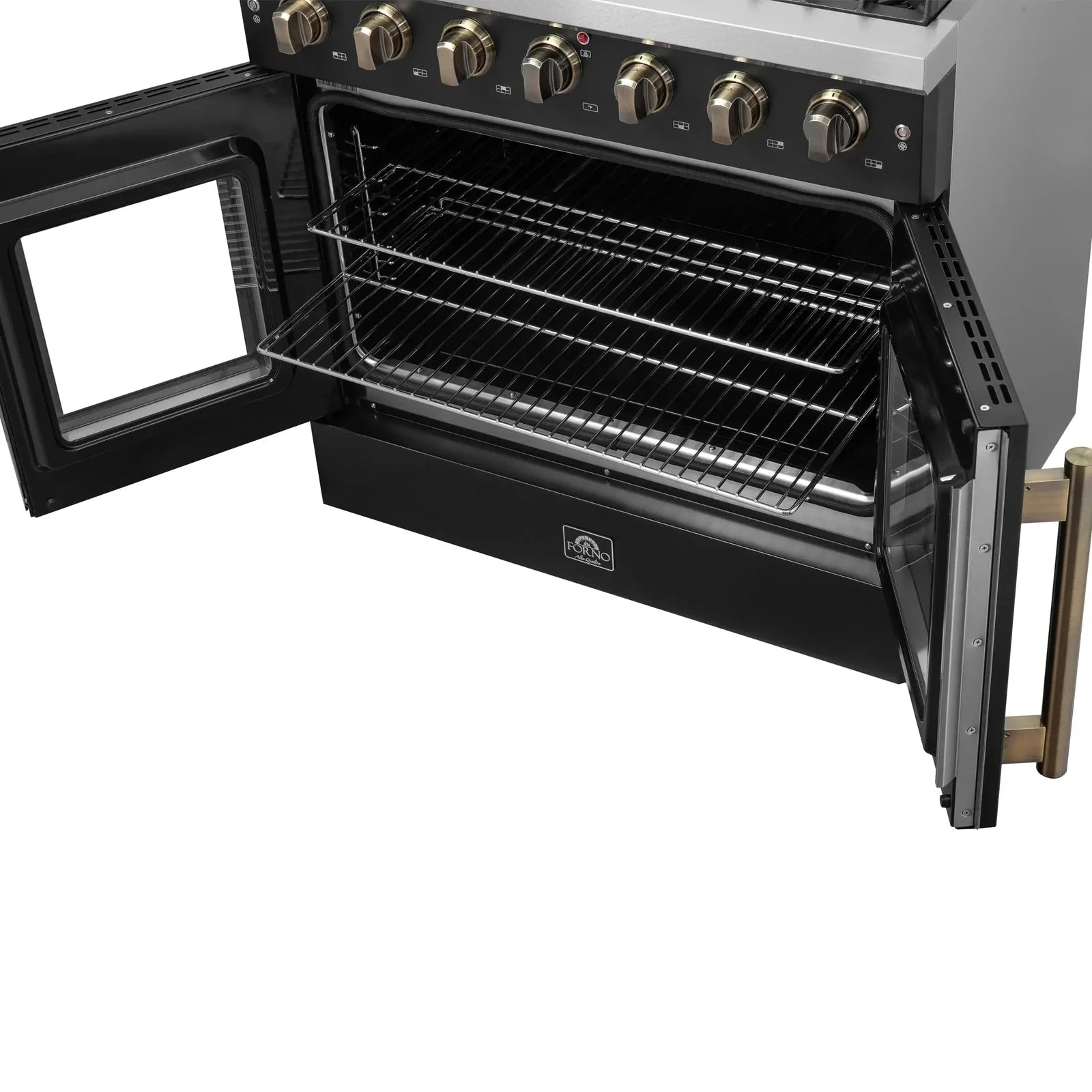 Forno Galiano 36 Inch French Door All Gas Range - Black with Antique Brass Trim - Model FFSGS6444 36BLK - Perfect for Modern Kitchens & Professional Chefs