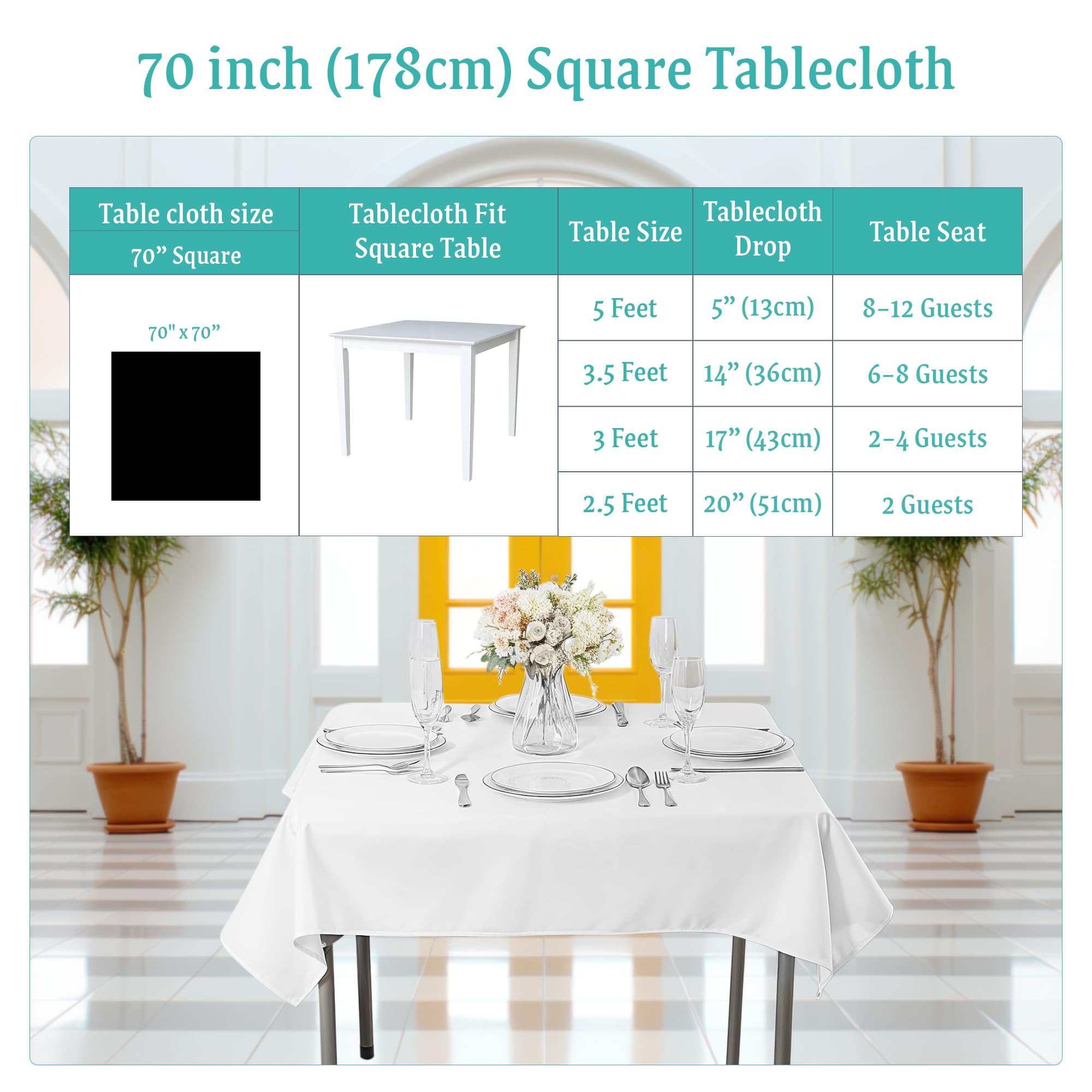 Premium White Square Tablecloth 70x70 Inch - Washable Polyester Linen Fabric Table Cover for Indoor & Outdoor Use - Perfect for Dinner Parties, Weddings, Birthday Celebrations, Anniversary Events (Pack of 10) - Ideal for Restaurant, Banquet Hall, and Home Dining Decor