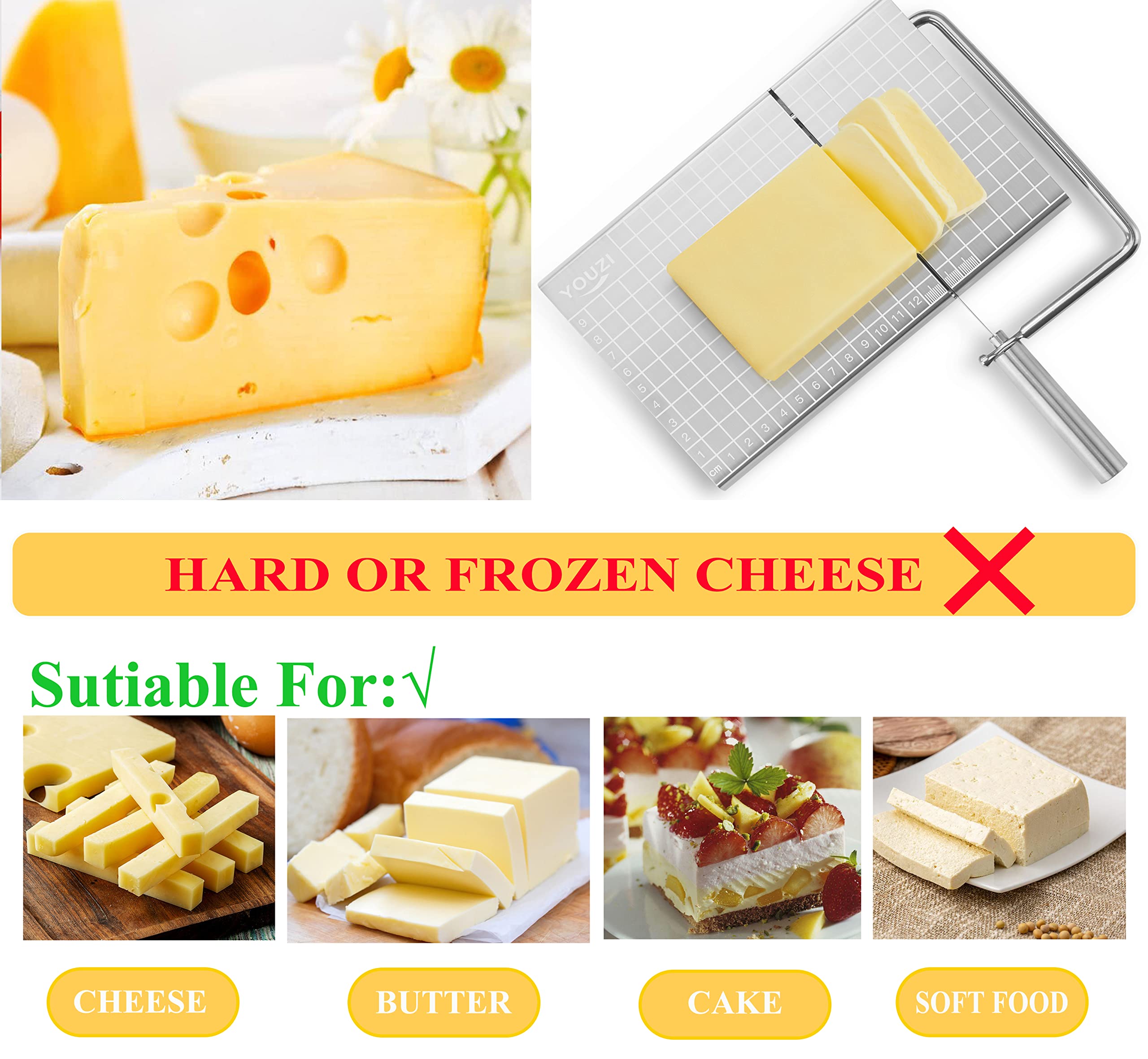 Premium Stainless Steel Cheese Slicer with 10 Replacement Wires - Heavy Duty Cheese Cutter for Block Cheese, Butter & More | Perfect Kitchen Gadget for Cheese Boards, Charcuterie & Entertaining | Great Gift for Food Lovers