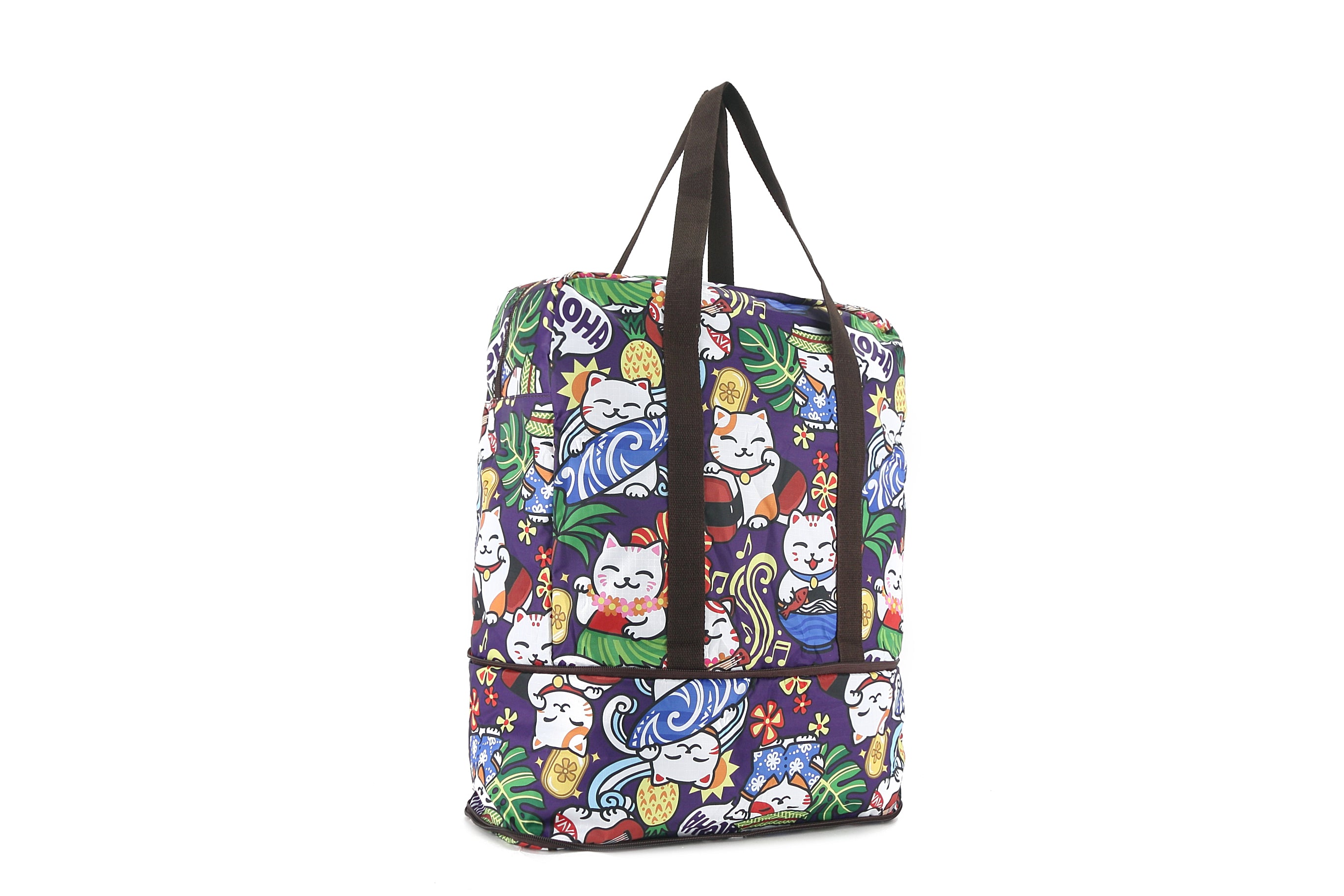 Foldable Duffle Bag for Travel & Gym - Waterproof Carry On Luggage with Shoulder Strap - Sophie Neko Purple Backpack for Women & Men - Perfect for Weekend Trips, Sports & Workout