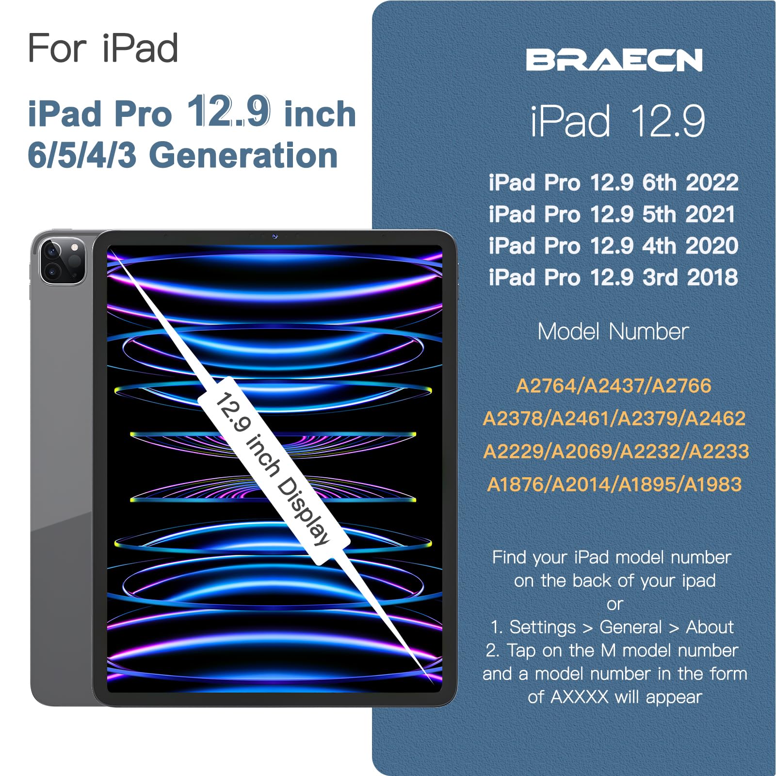 BRAECN Shockproof Protective Case for Apple iPad Air 13 inch & iPad Pro 12.9 inch (6th/5th/4th/3rd Gen) - Kids Friendly iPad Cover with Pencil Holder, 360° Rotating Stand, Hand Strap & Shoulder Strap in Blue - Perfect for School, Travel & Home Use