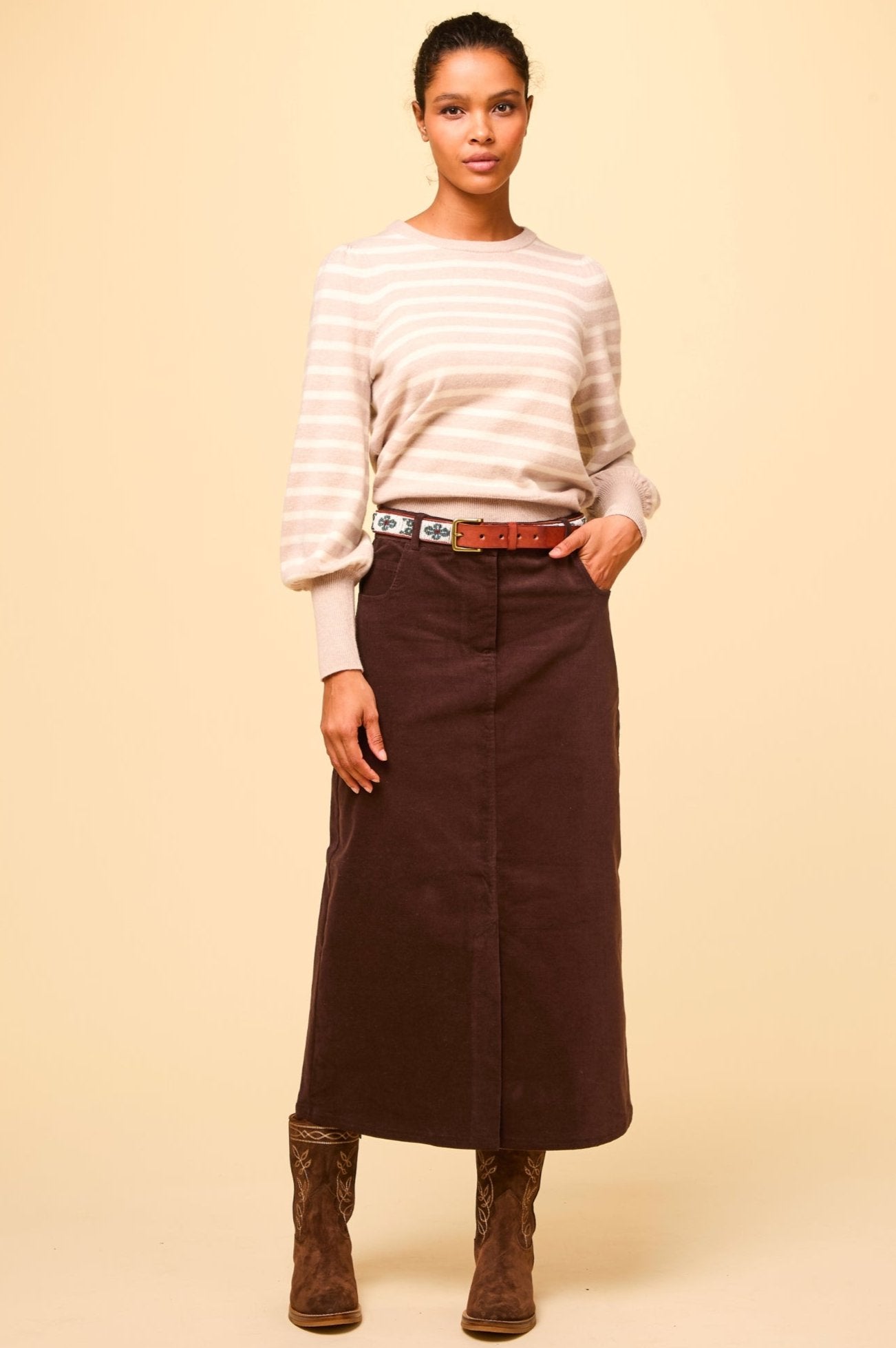 Mallory Stretch Corduroy Skirt for Women - Comfortable High Waist A-Line Skirt in Chocolate Brown | Perfect for Fall, Winter, Office Wear & Casual Outfits