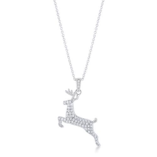 0.35 Carat CZ Rhodium-Plated Reindeer Pave Pendant Necklace - Perfect Christmas Gift for Women, Holiday Jewelry for Party & Festive Occasions