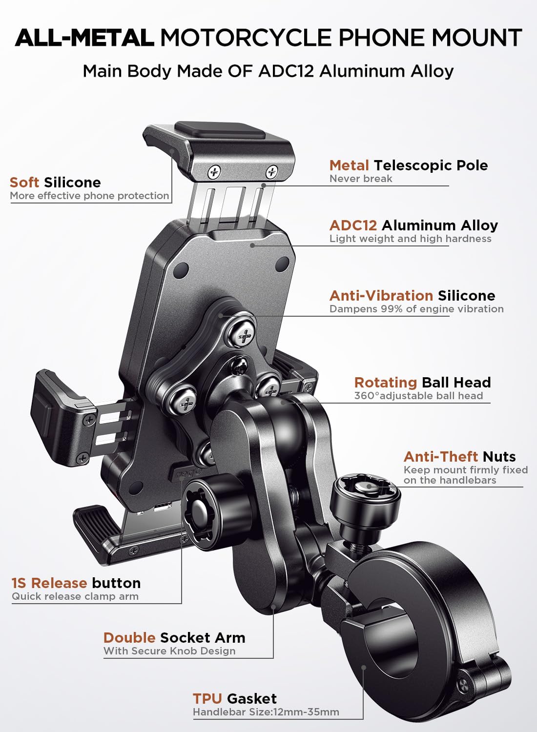 JOYROOM Aluminum Motorcycle Phone Mount with Vibration Dampener - for iPhone/Samsung - Bike/ATV Riding