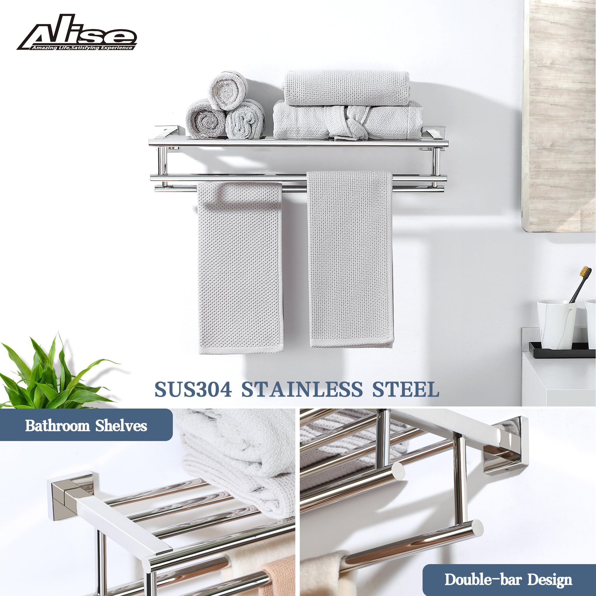 Stainless Steel Towel Rack - 20 Inch Double Bar Wall Mounted Bathroom Towel Holder - SUS 304 Polished Chrome - Perfect for Bathroom, Lavatory & Spa Decor