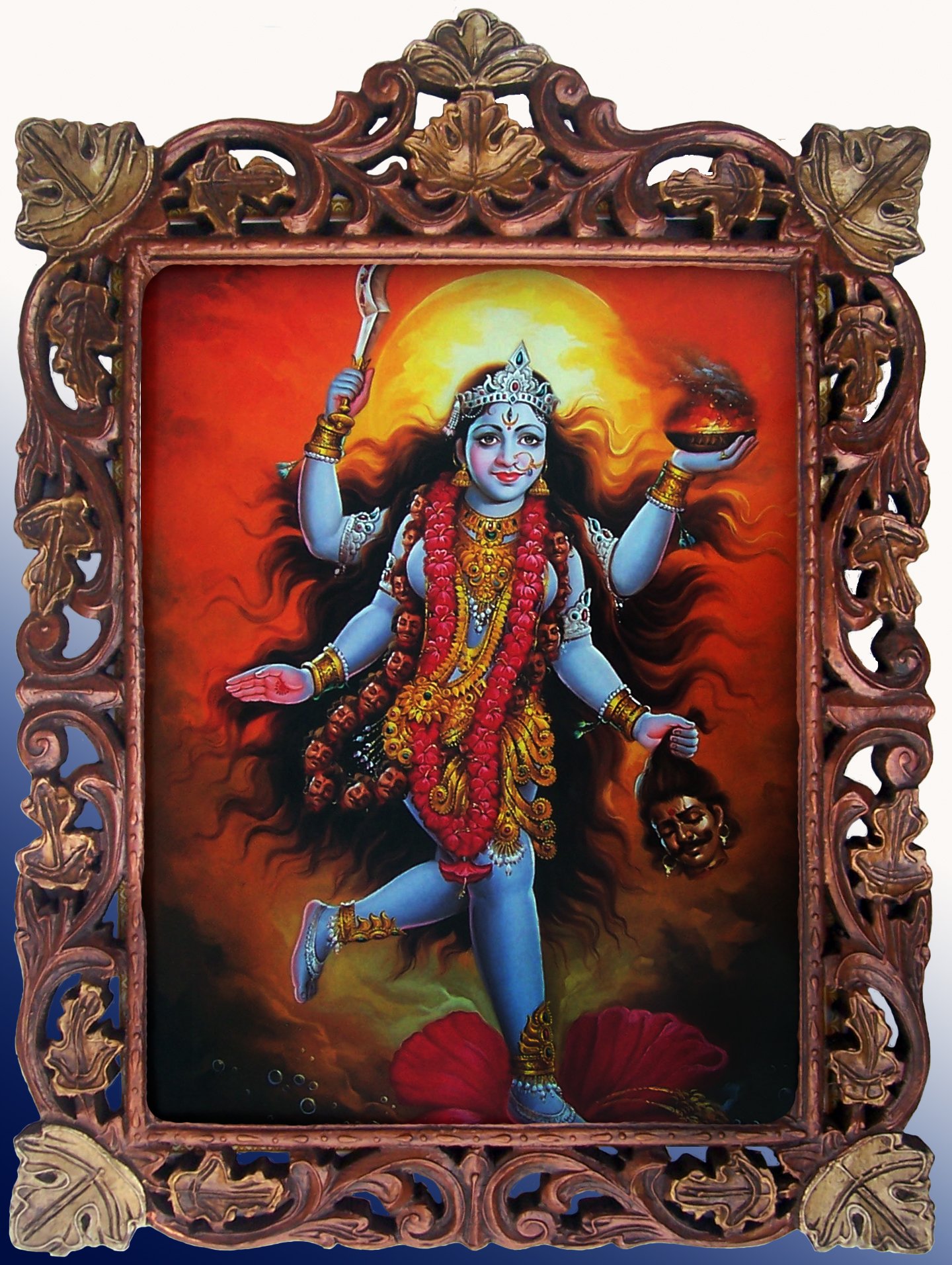 Lord Maa Maha Kali Poster Painting in Wooden Frame - Hindu Goddess Wall Art for Home Temple Decor & Spiritual Meditation Space