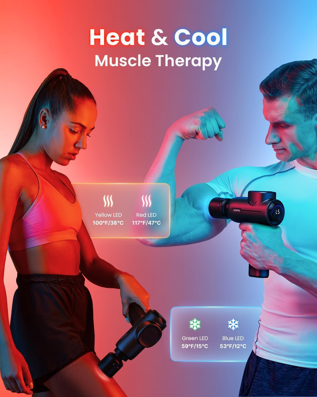 RENPHO Deep Tissue Massage Gun with Heat & Cold Therapy - Portable Percussion Muscle Massager, Bluetooth App Control, FSA/HSA Eligible, Includes Carry Case - Perfect for Athletes, Post-Workout Recovery & Mother's Day Gifts