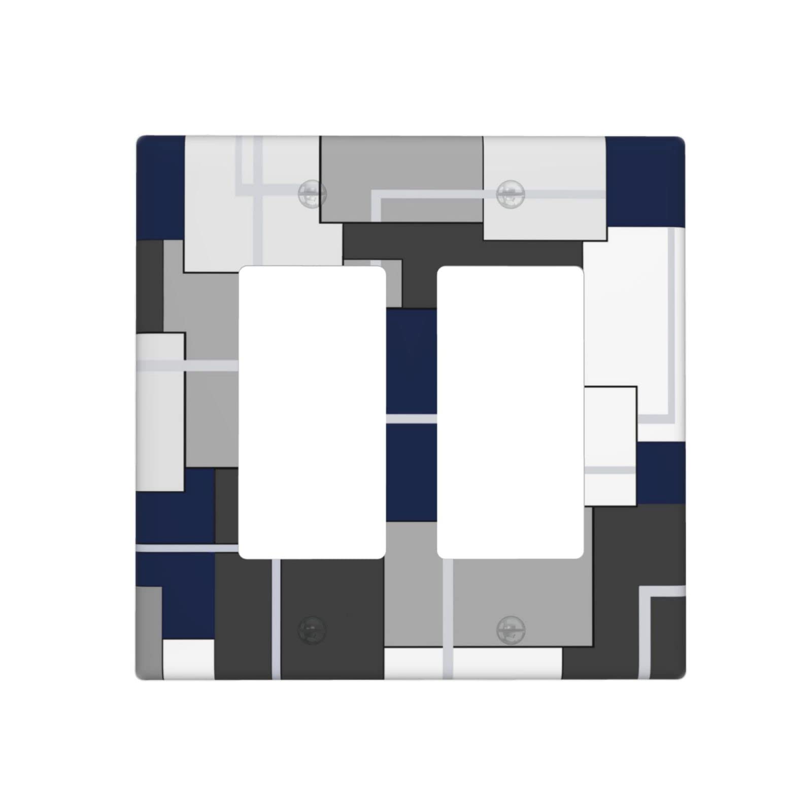 Navy Blue Gray Double Rocker Light Switch Cover 2 Gang Decora Wall Plate - Abstract GFCI Electrical Outlet Plates for Bathroom, Bedroom & Home Decor - Modern Switch Plate Covers for Living Room, Kitchen & Office