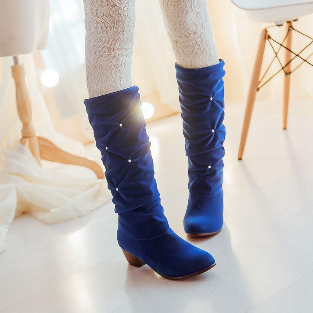 MIOKE Women's Rhinestone Round Toe Suede Riding Boots - Mid Calf Slouch Dress Boots with Low Heel for Comfort & Style | Perfect for Casual Outfits, Office Wear & Winter Fashion