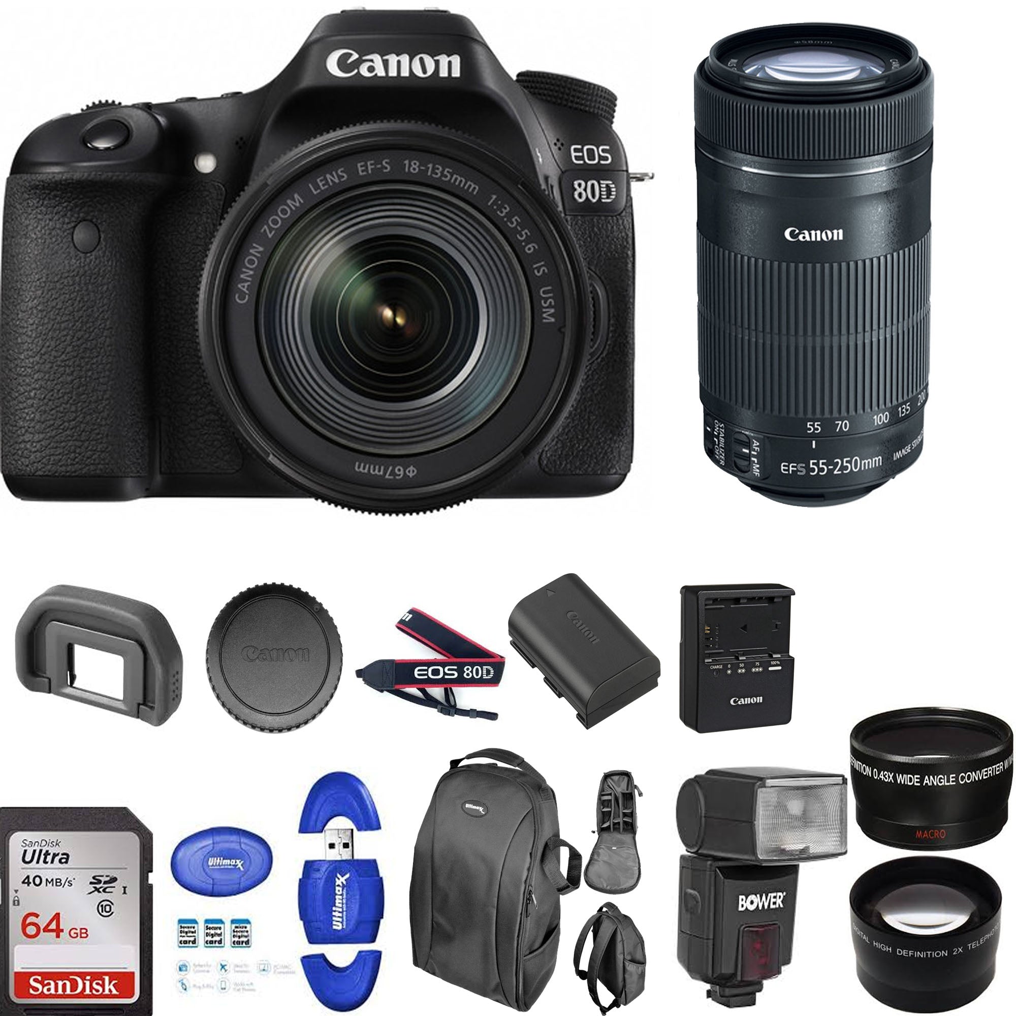 Canon EOS 80D DSLR Camera Bundle with 18-135mm USM & 55-250mm STM Lenses, 64GB Memory Card - Professional Photography Kit for Travel, Sports & Portrait Shooting (USA)