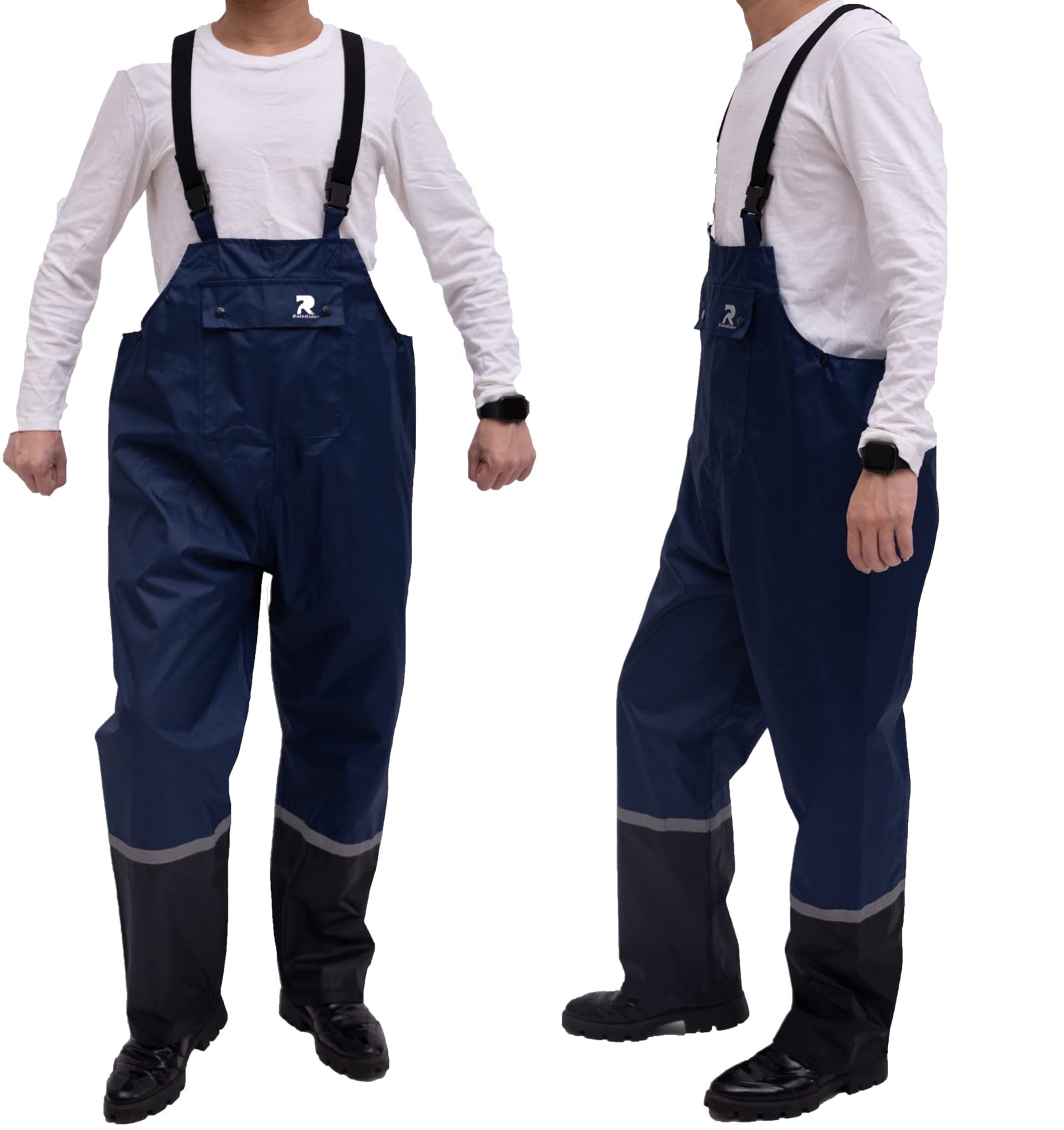 RainRider Waterproof Rain Bib Pants for Men & Women - 150D Oxford Rip-Stop Heavy Duty Work Overalls - Perfect for Construction, Fishing, Hiking & Outdoor Activities