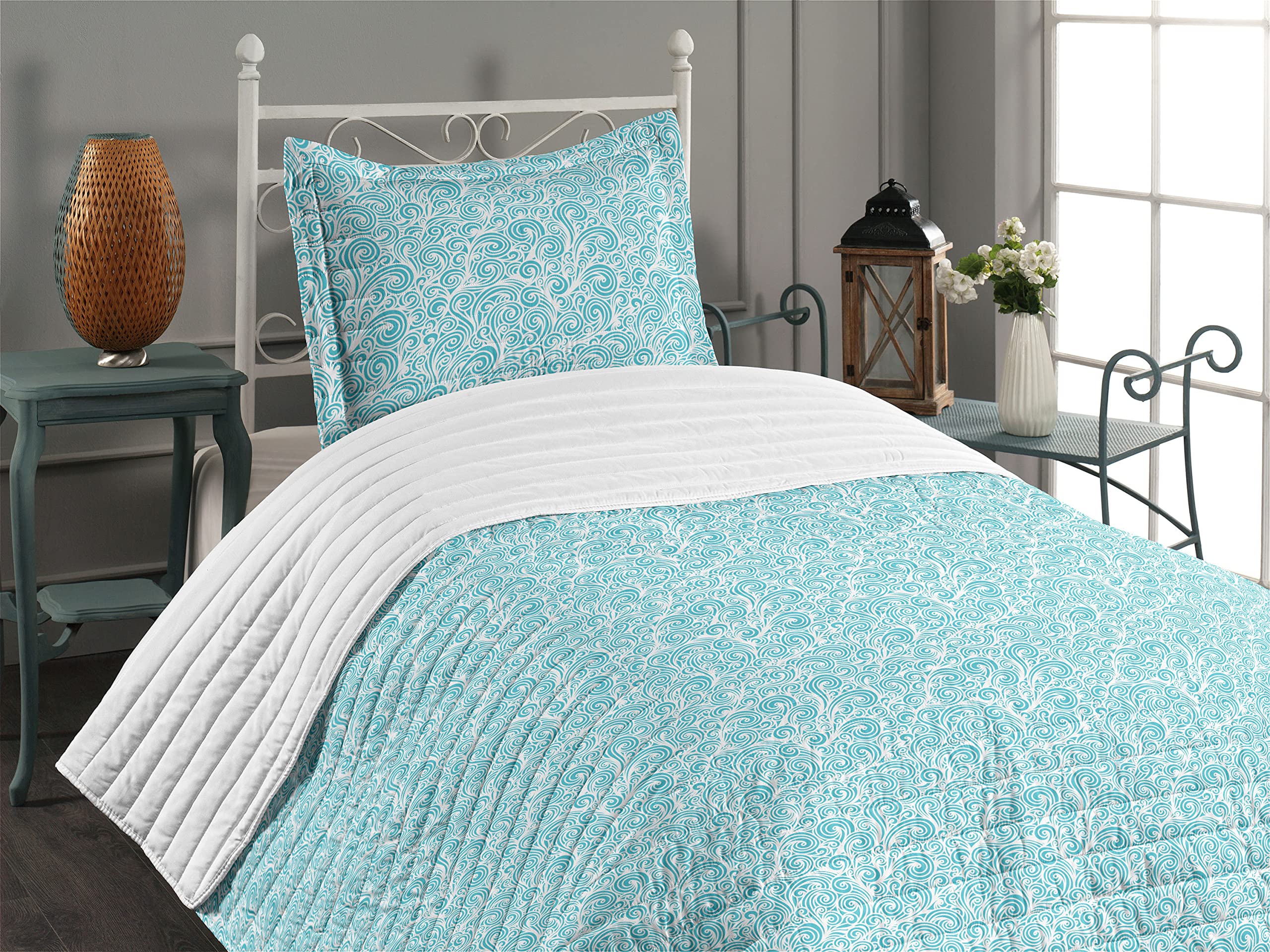 Lunarable Curly Hair Microfiber Bedspread Set - Abstract Ocean Wave Pattern with Spiraling Lines, Soft Twin Size Bedding Set Includes Pillow Sham & Comforter in Aqua White | Perfect for Beach Themed Bedrooms, Guest Rooms & Boho Home Decor