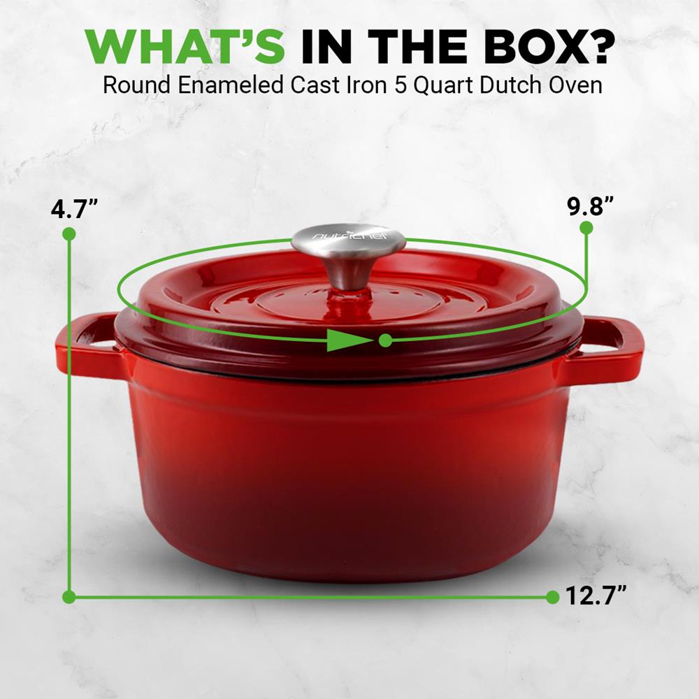Premium Cast Iron Dutch Oven Pot with Lid - 5 Quart Enameled Cookware for Baking, Braising & Roasting - Perfect for Stovetop, Oven & Campfire Cooking