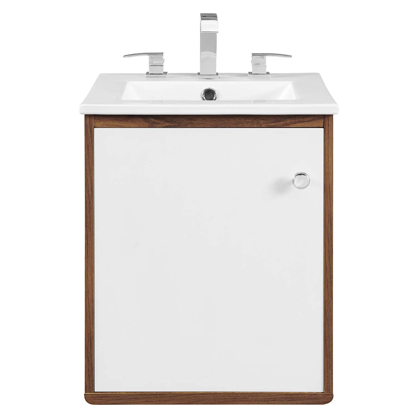 Modern Wall Mounted Sink Vanity Cabinet - Brown Walnut & White Wood Bathroom Storage - Space Saving Design for Small Bathrooms, Hotel Suites & Contemporary Homes