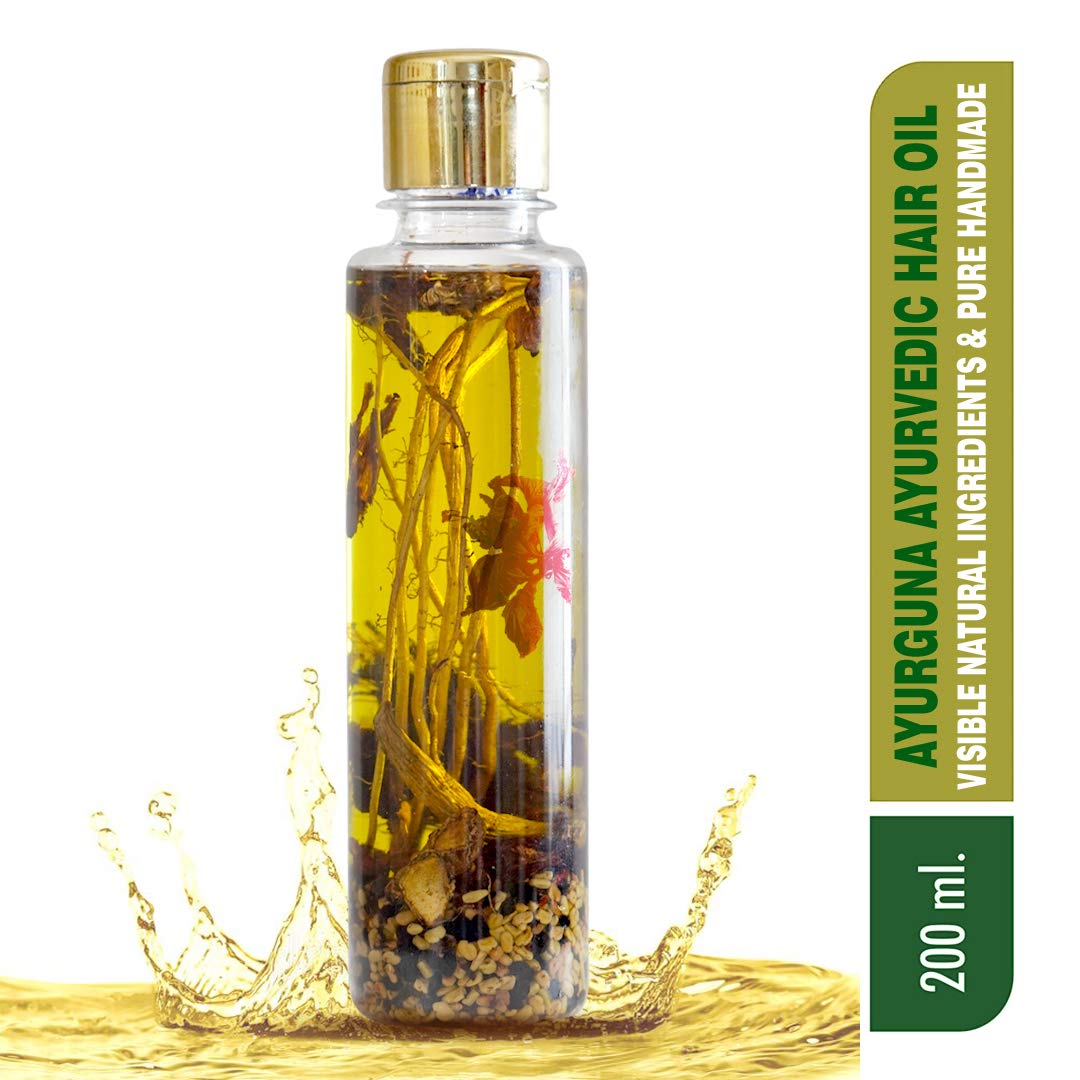 Ayurguna Herbal Hair Oil - 100% Pure Natural Handmade Hair Growth Oil with Visible Herbs - 200ml for Dry, Damaged Hair & Scalp Care - Perfect for Daily Nourishment & Styling