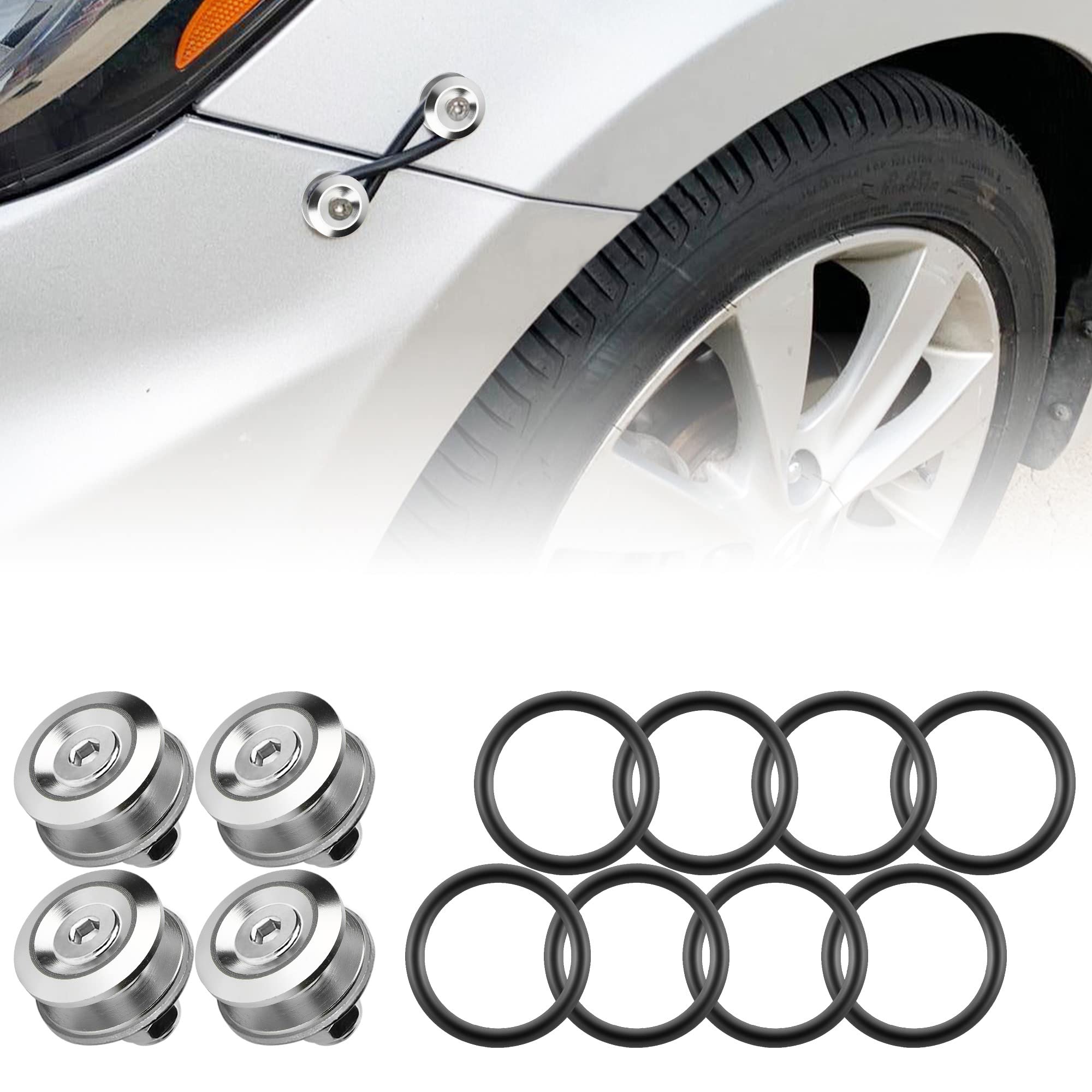 JDM Quick Release Bumper Fasteners Kit - 4 Piece Silver with 8 O-Rings for Front & Rear Bumper Installation | Perfect for Car Mods, Drift Racing & Automotive Customization