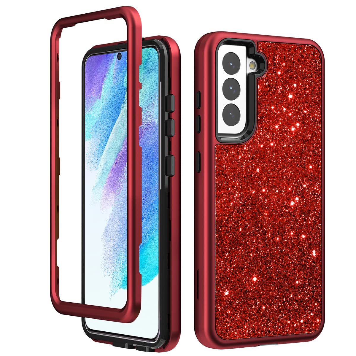 Samsung Galaxy S21 FE 5G Case - Crystal Clear Anti-Yellowing Slim Protective Cover with Shockproof Design | Red Glitter Phone Case for Women & Men | Perfect for Everyday Use, Work & Travel