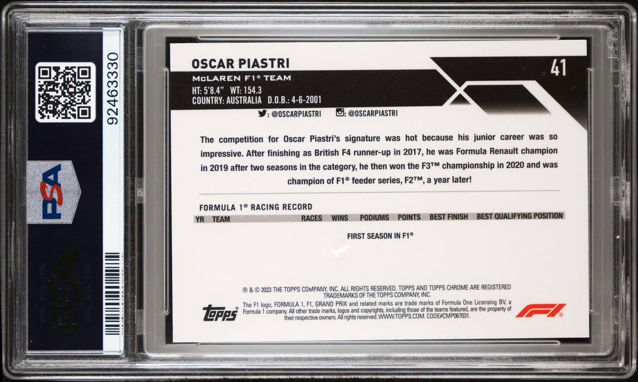 2023 Topps Chrome F1 Oscar Piastri #41 PSA 10 Red /5 - Rare Racing Collectible for F1 Fans & Sports Card Investors - Perfect for Display, Trading, and Portfolio Diversification