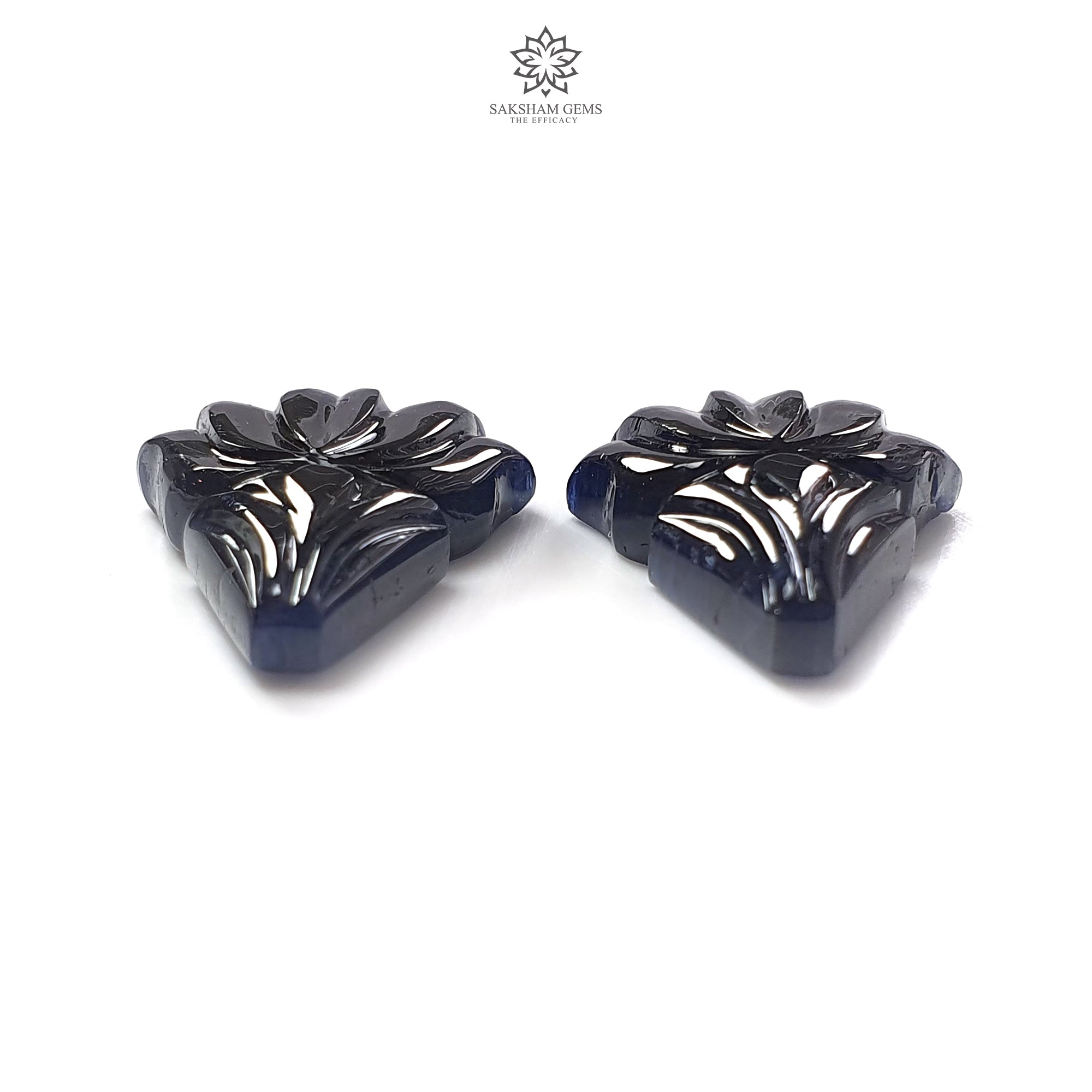 Natural Untreated Dark Blue Sapphire Gemstone Carving - 49.40cts Unheated Hand-Carved Fancy Shape 25x18mm Pair for Jewelry Making & Luxury Gifts